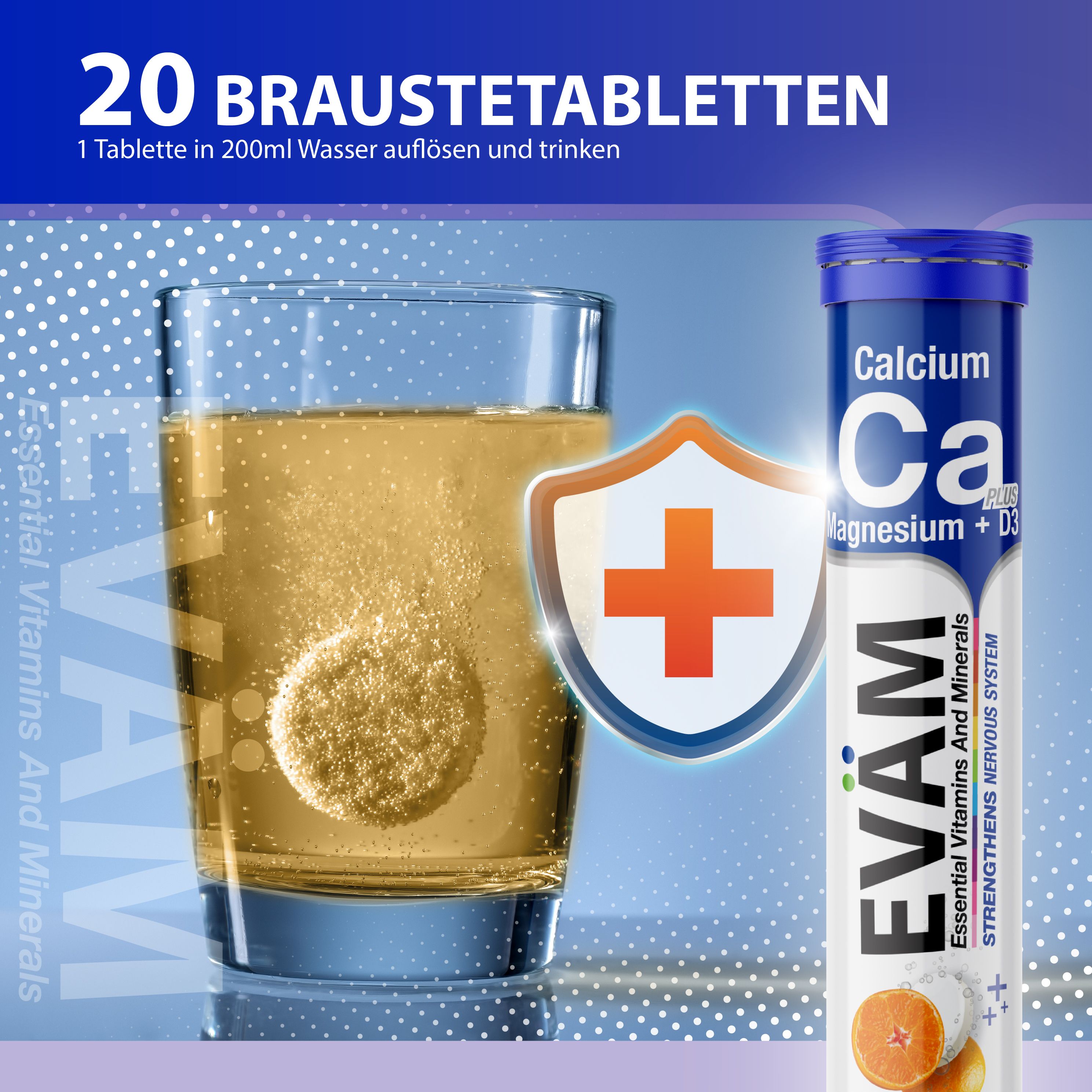 Glas mit gelber Flüssigkeit, Brausetablette löst sich auf. EVÄM Calcium + Magnesium + D3-Tube daneben. Schild mit Kreuz.