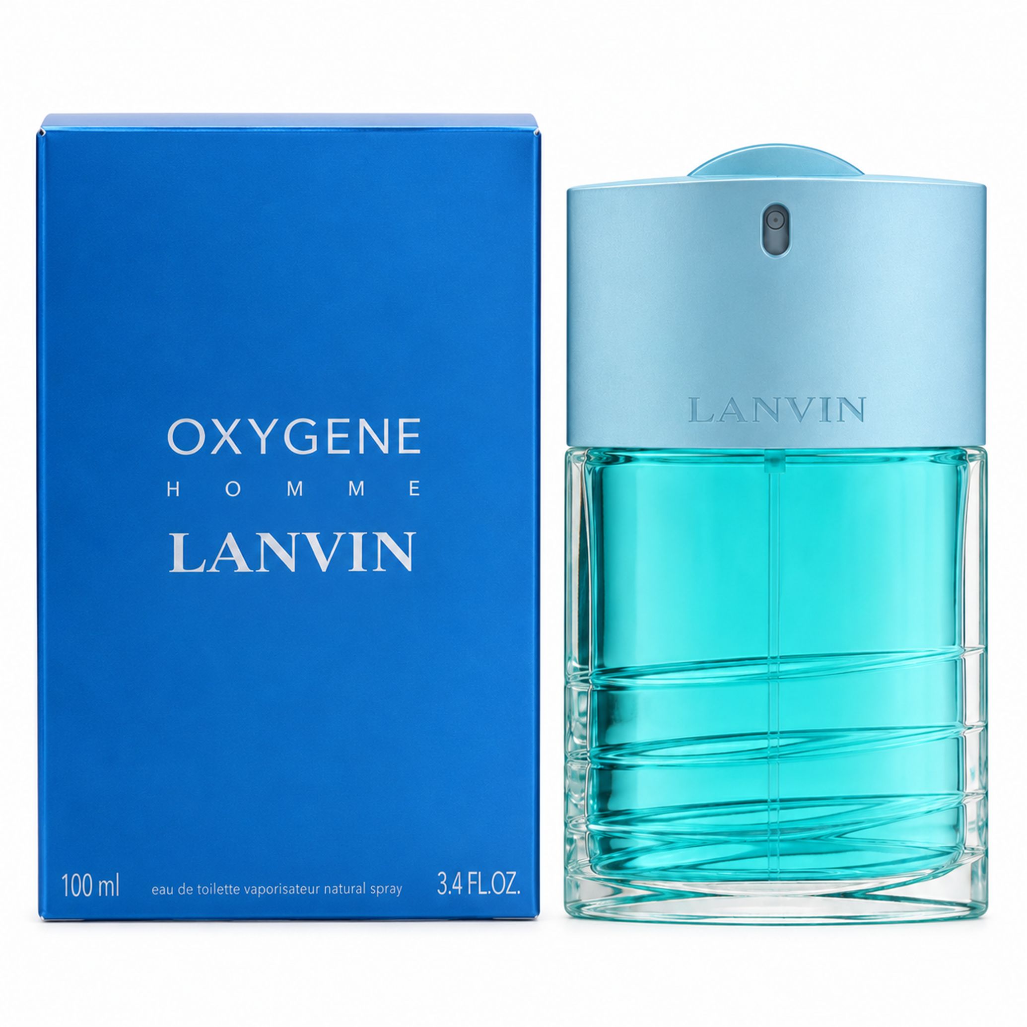 Lanvin Oxygene Homme Eau de Toilette Flakon und blaue Verpackung, 100ml.