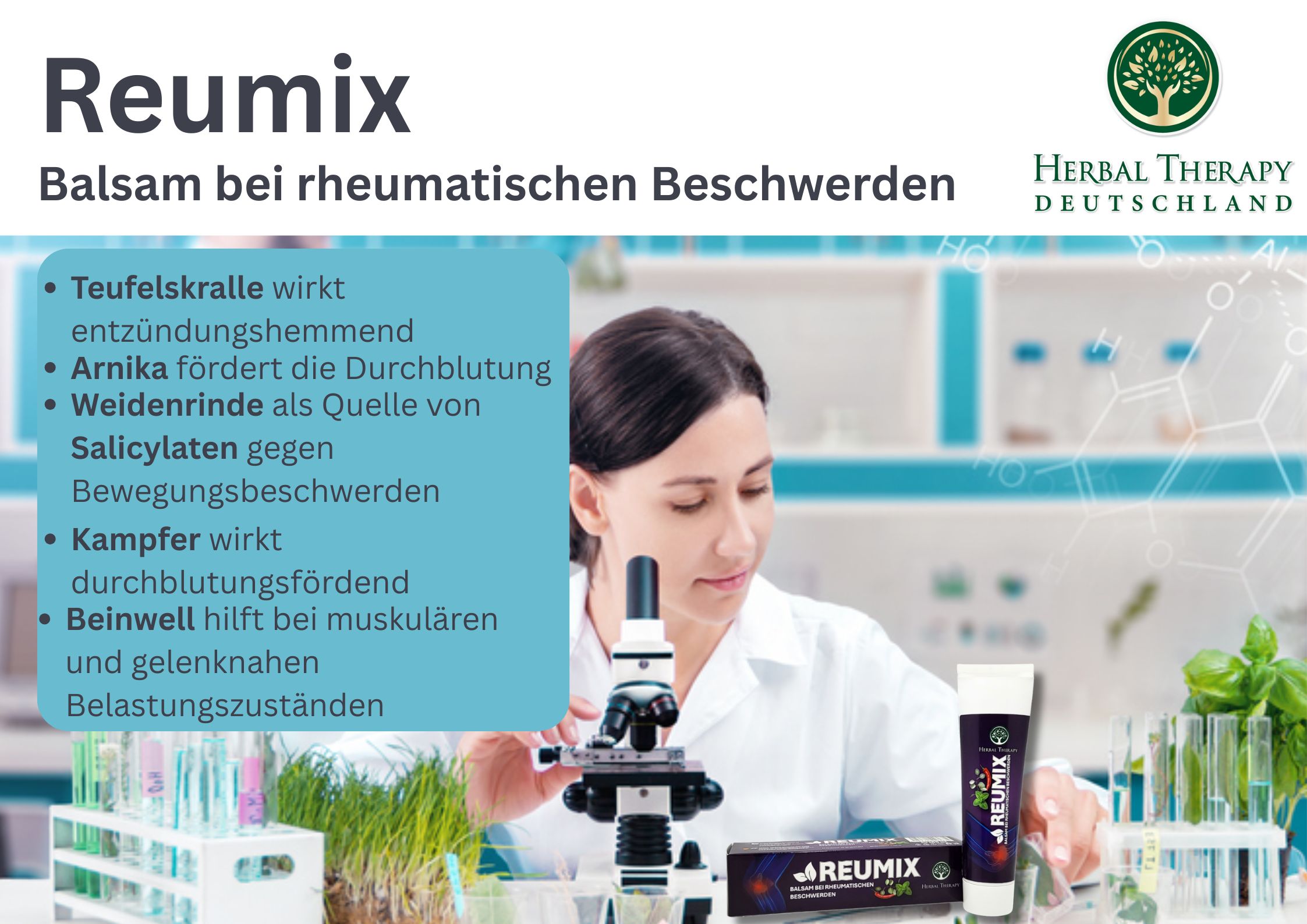 Person im Labor mit Tube und Verpackung. Text: REUMIX, Balsam bei rheumatischen Beschwerden. Herbal Therapy Logo.