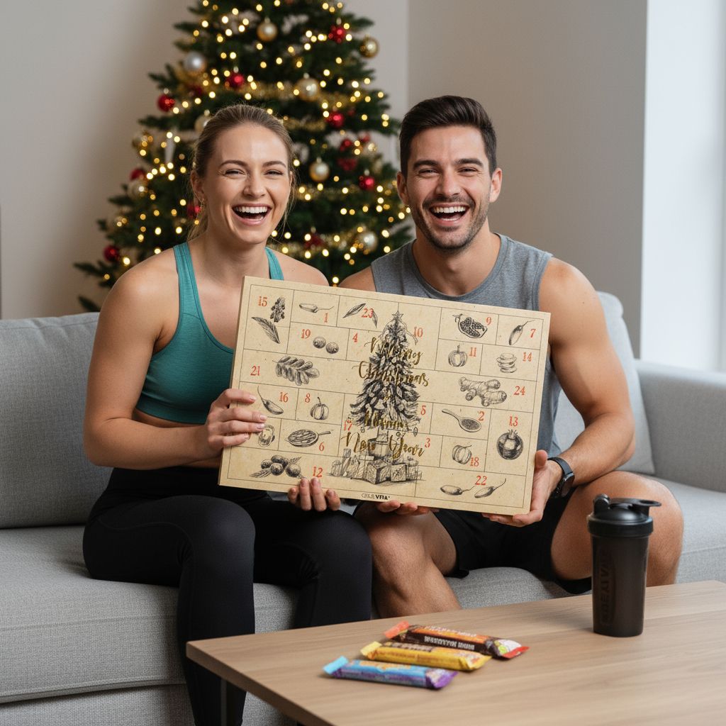 Ein Paar hält einen Adventskalender vor einem Weihnachtsbaum. Auf dem Tisch: Shaker und Riegel. Marke: GreatVita.