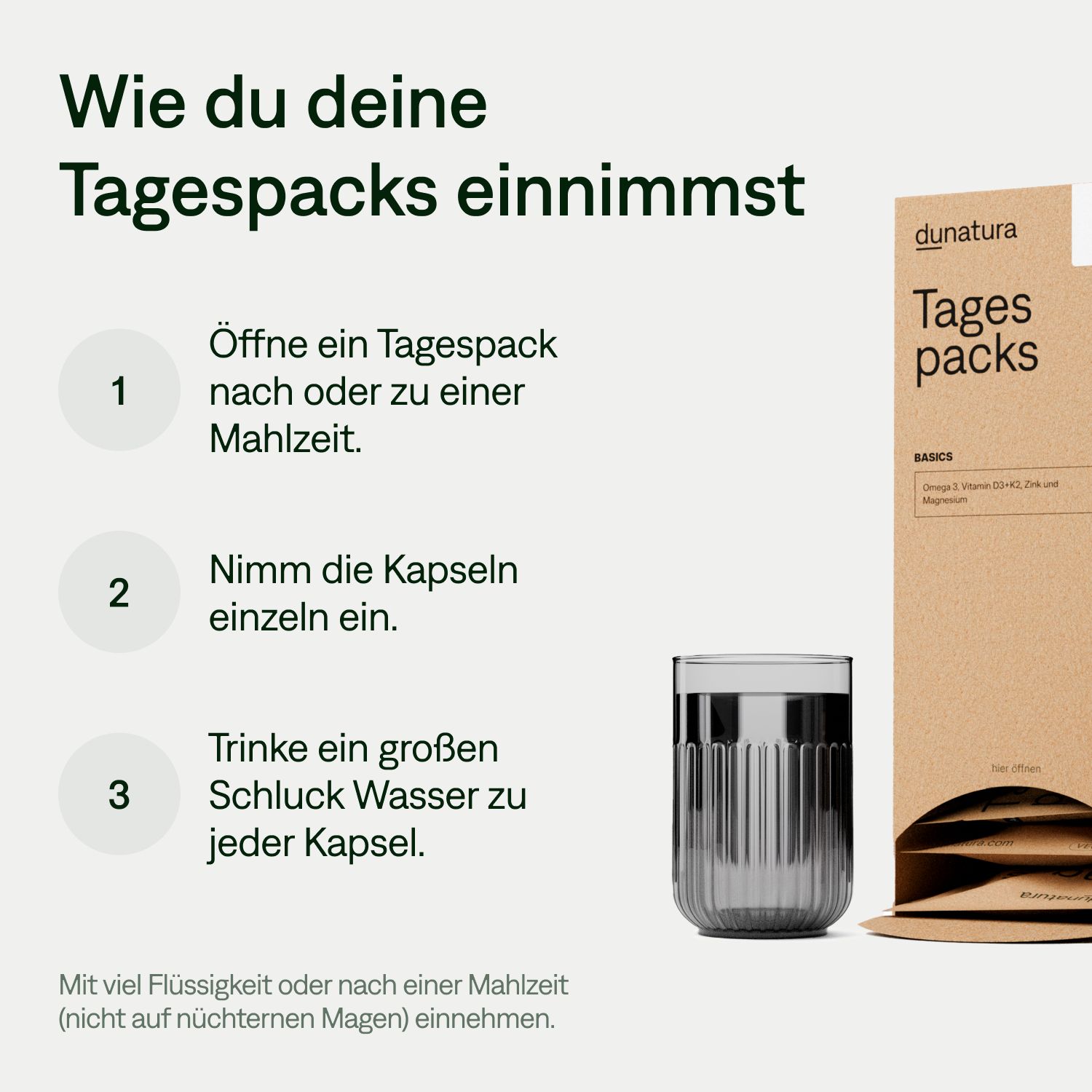 Anleitung zur Einnahme von "Tagespacks". Schritte: 1. Packung öffnen. 2. Kapseln einnehmen. 3. Wasser trinken. Glas und Verpackung.