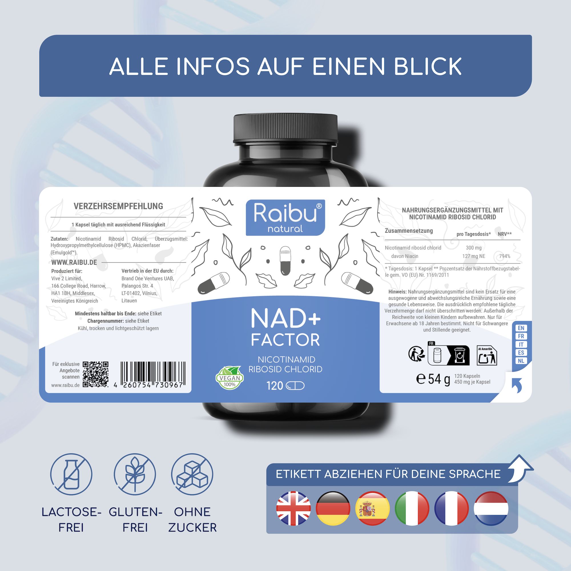 Flasche mit Etikett. Text: Nahrungsergänzungsmittel mit Nicotinamid Ribosid Chlorid. 120 Kapseln. Laktose-, Gluten- und Zuckerfrei.