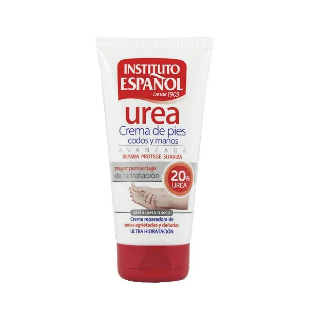 Weiße Tube mit rotem Verschluss. Aufschrift: Instituto Español Urea, Creme für Füße, Ellbogen und Hände. Enthält 20% Urea.