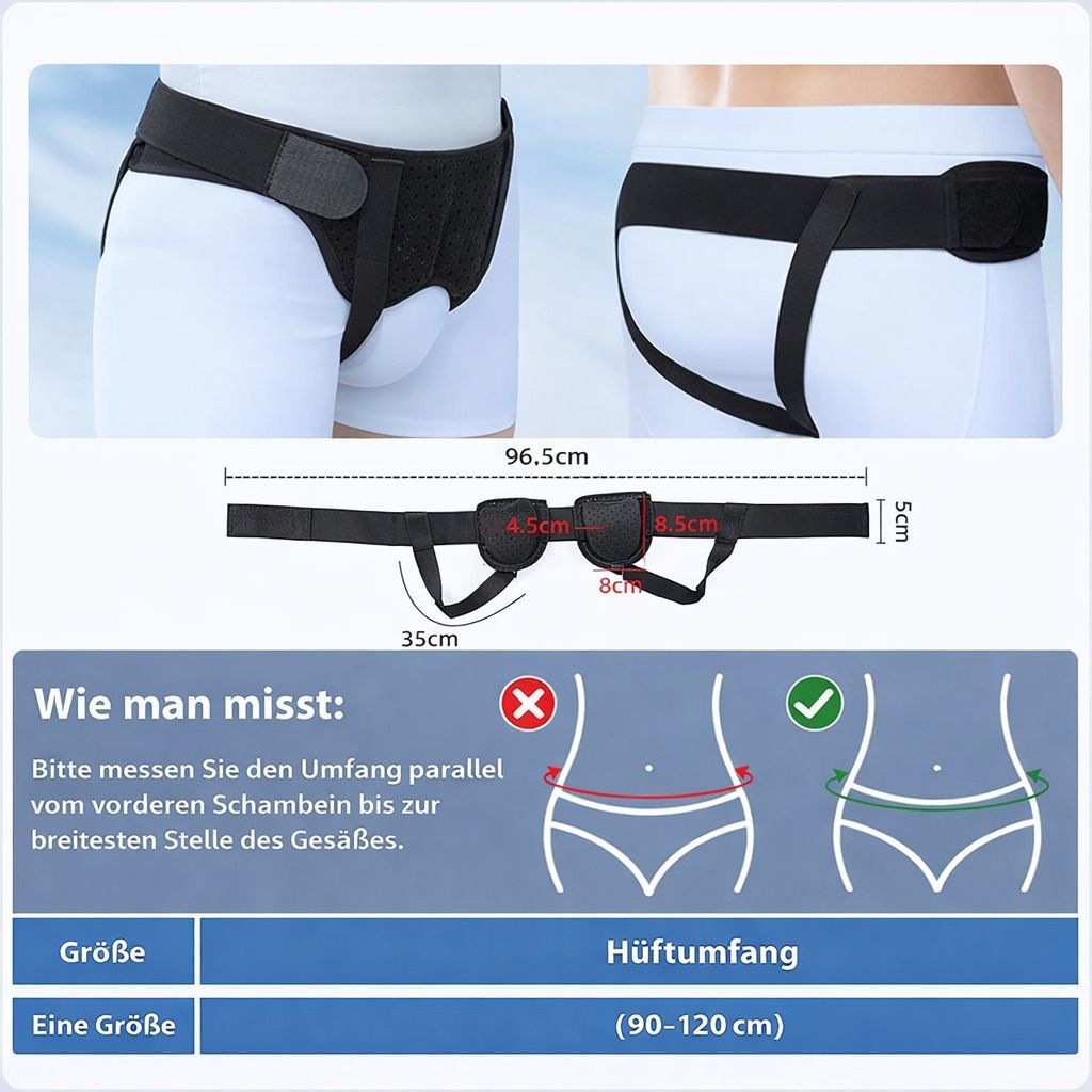 Hüftbandage, schwarz, mit Klettverschluss und abnehmbaren Polstern. Maße: 96,5 cm lang, 4,5 cm und 8 cm breit, 5 cm hoch. Größenangabe.