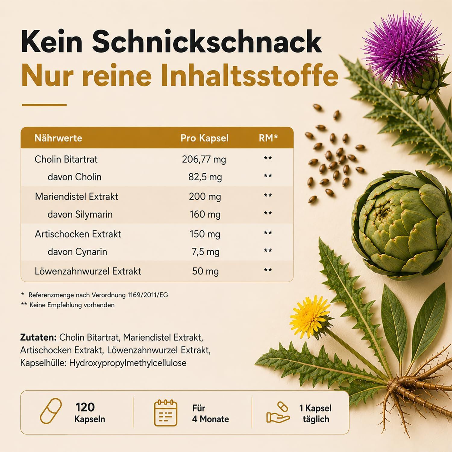Nährwerttabelle. Cholin, Mariendistel Extrakt, Artischocken Extrakt, Löwenzahnwurzel Extrakt. 120 Kapseln. 1 Kapsel täglich.