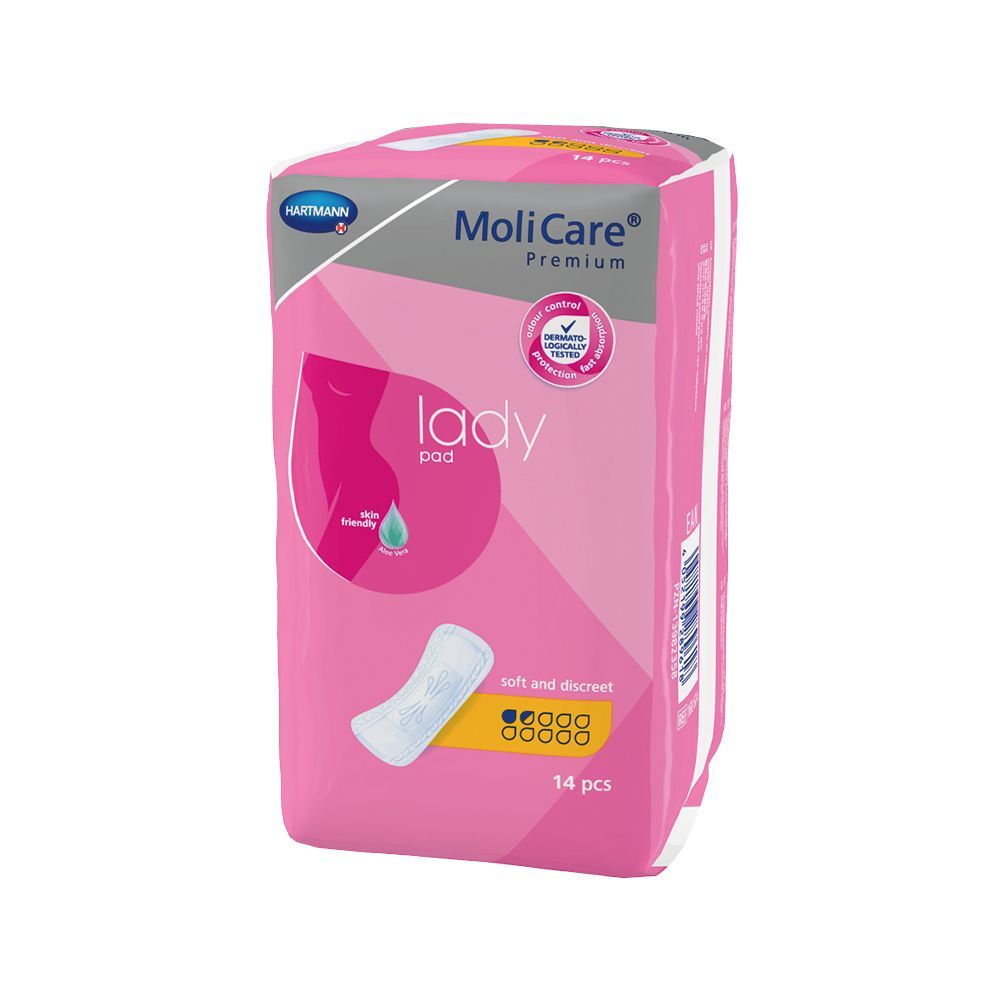 Rosa Verpackung mit MoliCare Lady Pad. Zeigt ein Produktbild und Logos. Enthält 14 Stück. Zertifiziert.