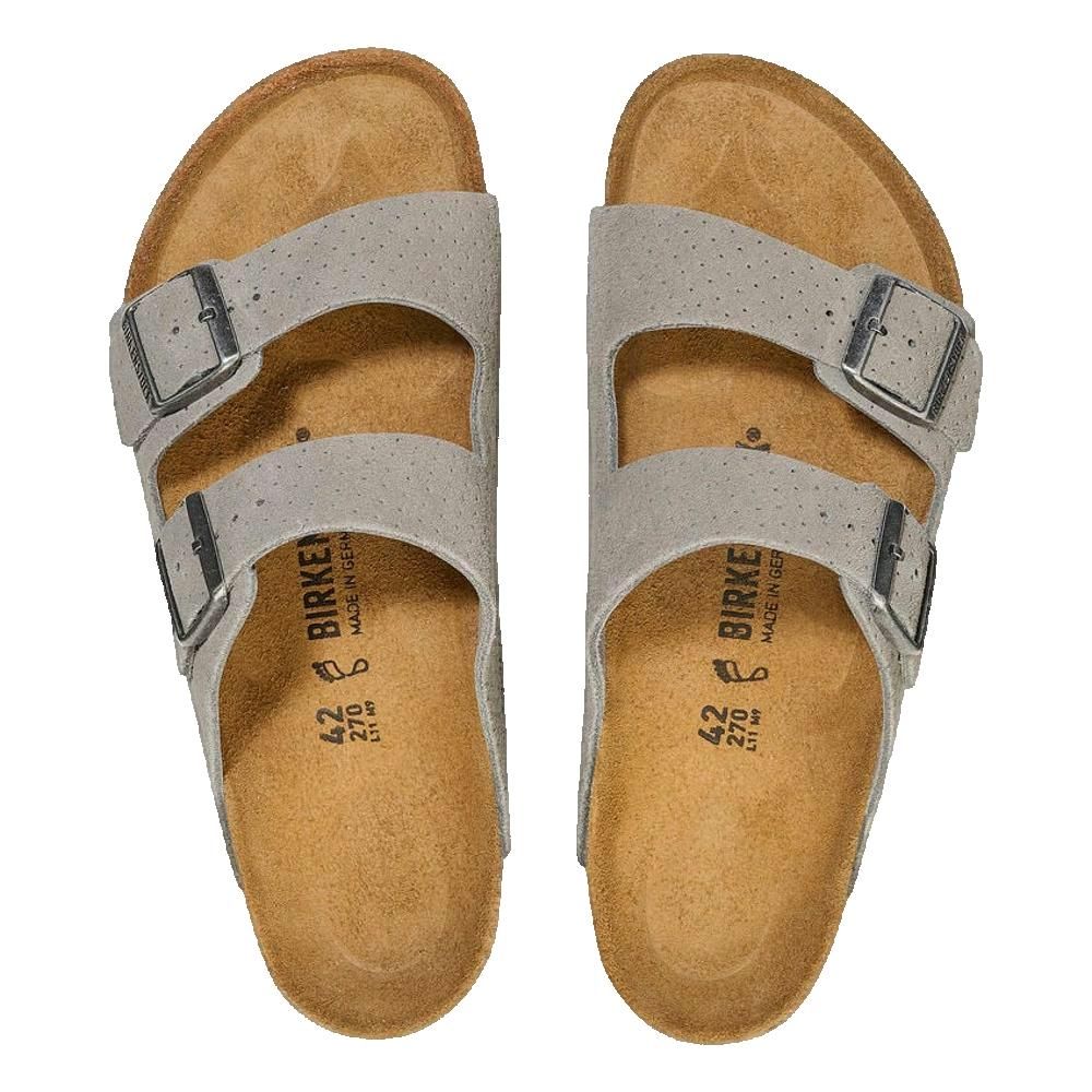 Sandali Birkenstock Arizona grigi, vista dall'alto. Due fibbie, plantare in sughero, taglia 42.