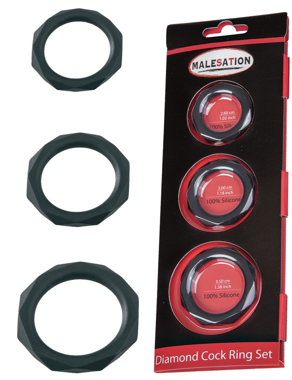 Drei schwarze Ringe mit achteckigem Design. Rechts: Verpackung mit drei Ringen, Größenangaben und Markenlogo MALESATION.