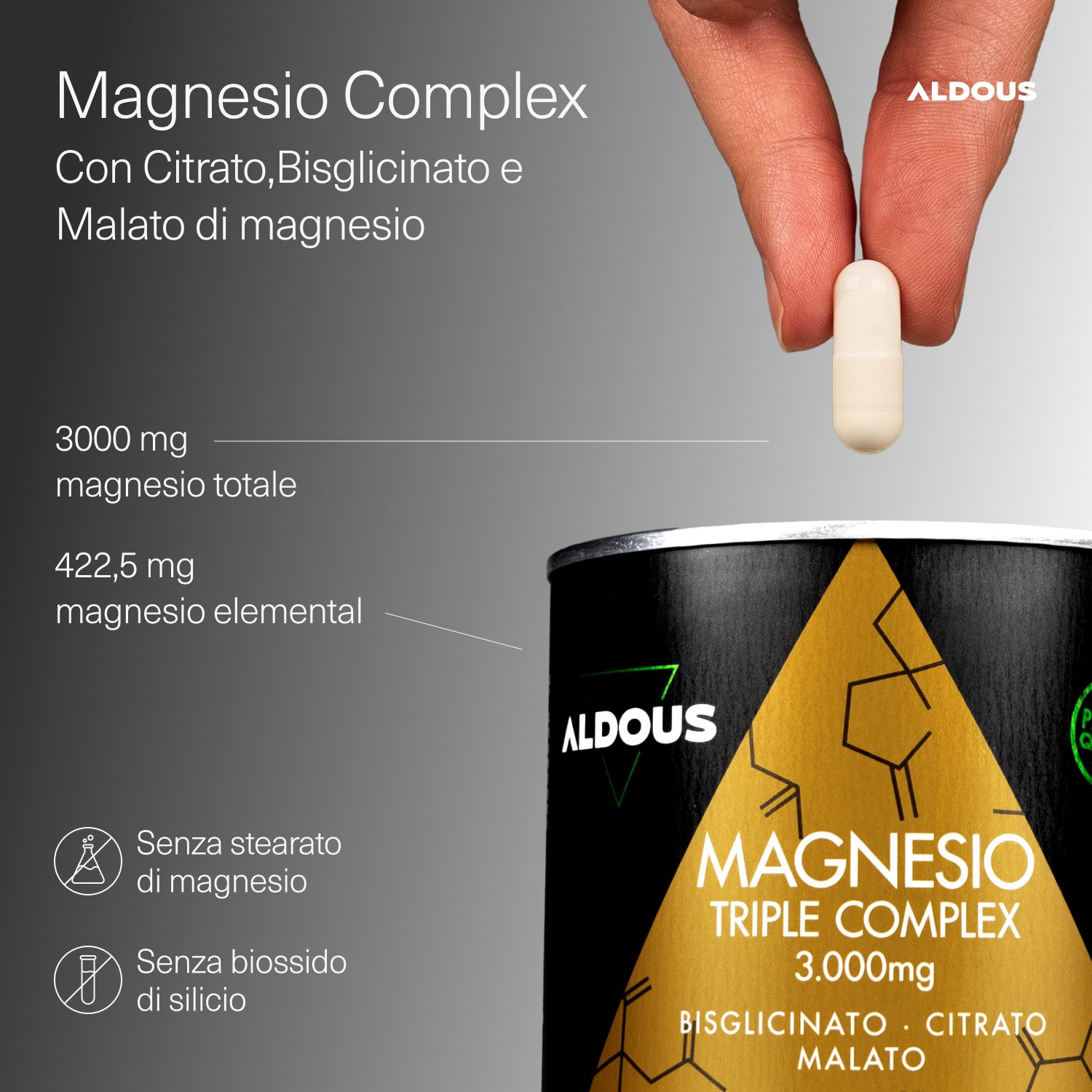Aldous Magnesio Triple Complex: 3000mg Magnesium, 422,5mg elementares Magnesium, ohne Magnesiumstearat.