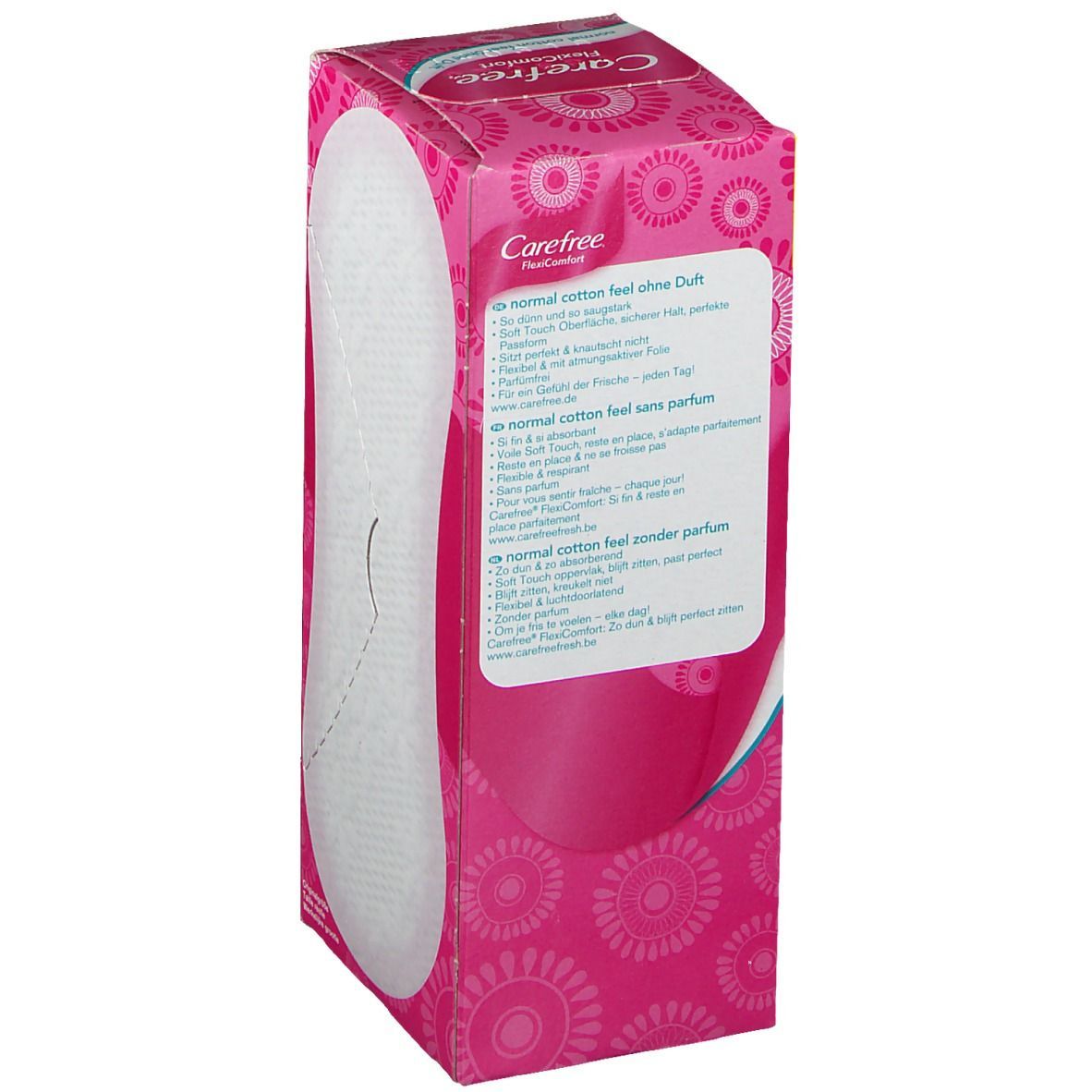 Rosa Verpackung mit Produktinformationen. Aufschrift: Carefree FlexiComfort. Produktmerkmale und Text in verschiedenen Sprachen.