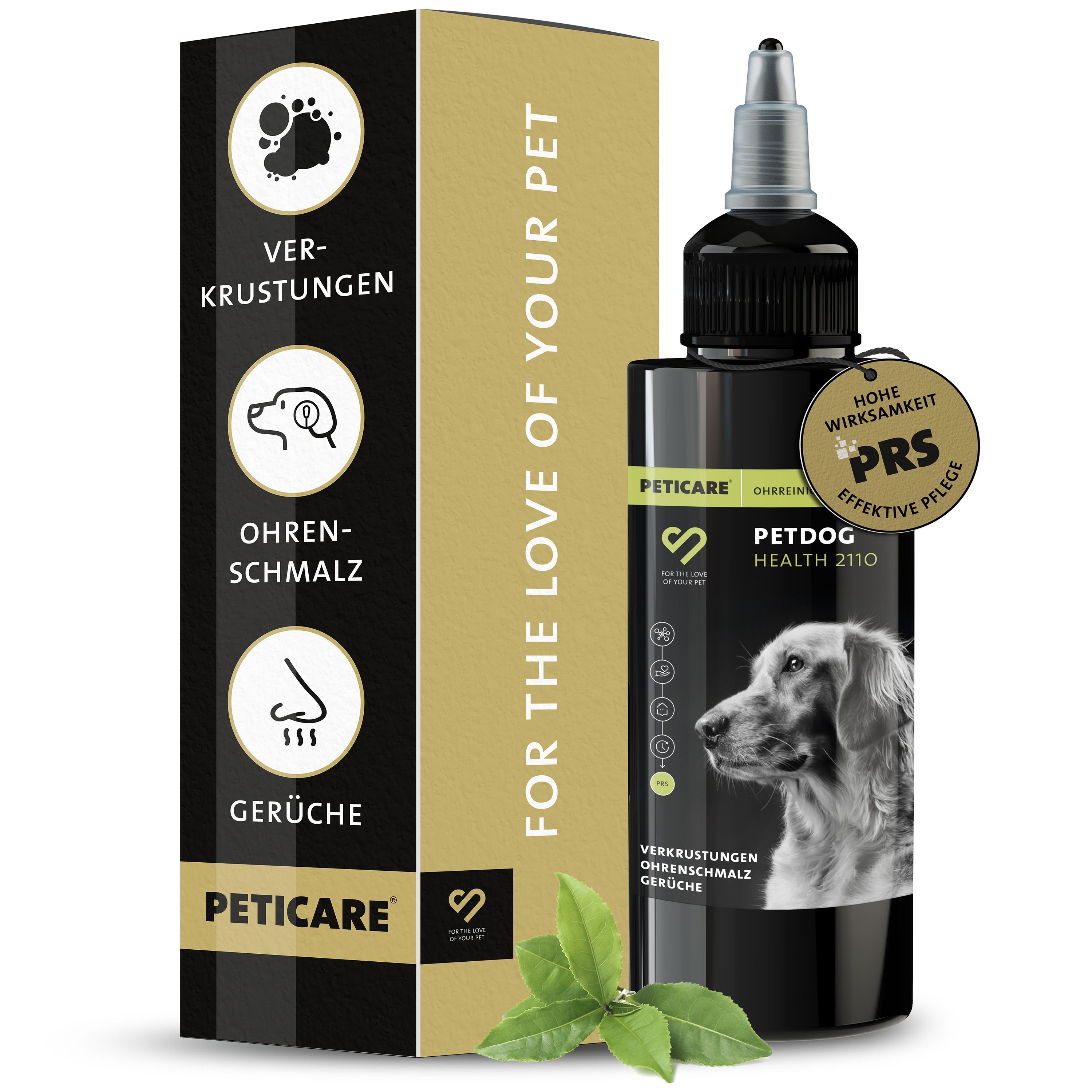 Produktflasche und Verpackung. Auf der Verpackung sind Peticare und Logos abgebildet. Flasche mit Applikator.