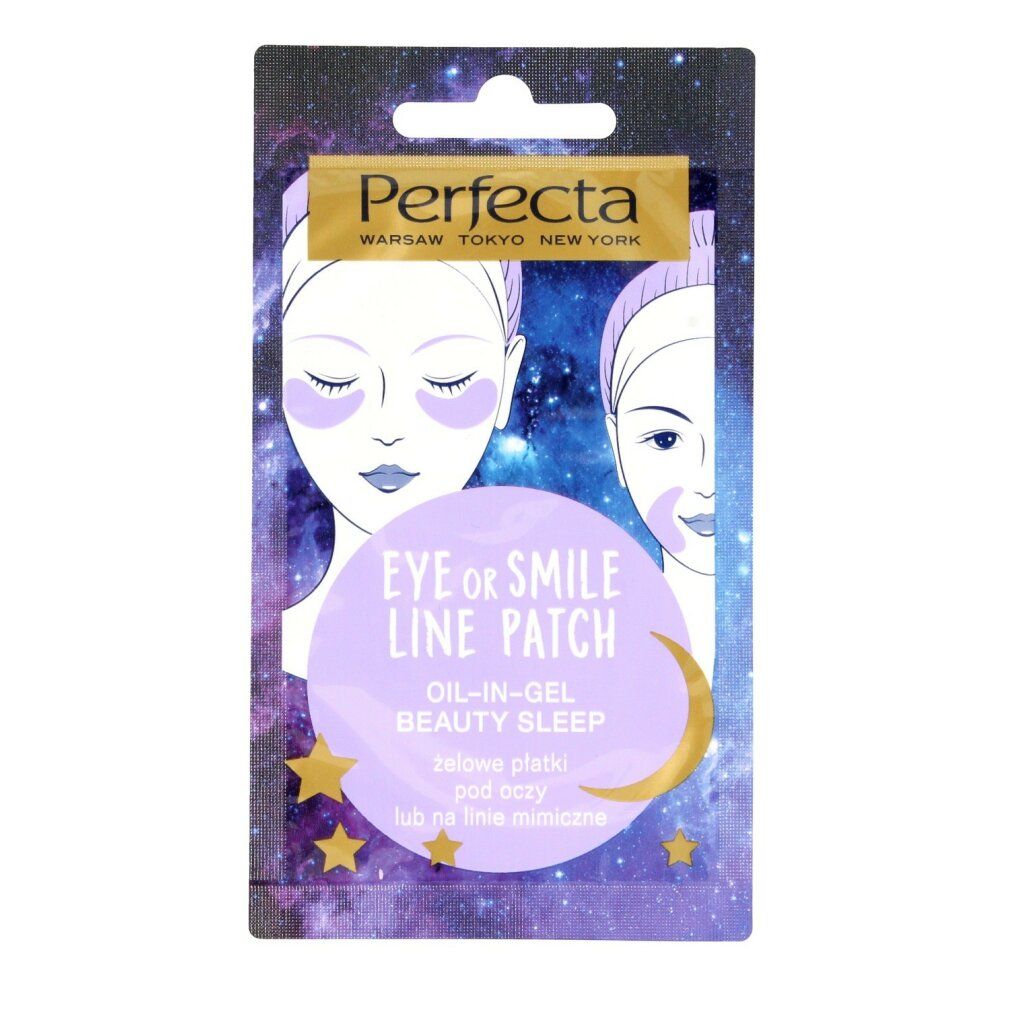 Verpackung mit Augenpflaster. Marke Perfecta. Text: EYE OR SMILE LINE PATCH, OIL-IN-GEL BEAUTY SLEEP. Abbildung von Gesichtern.