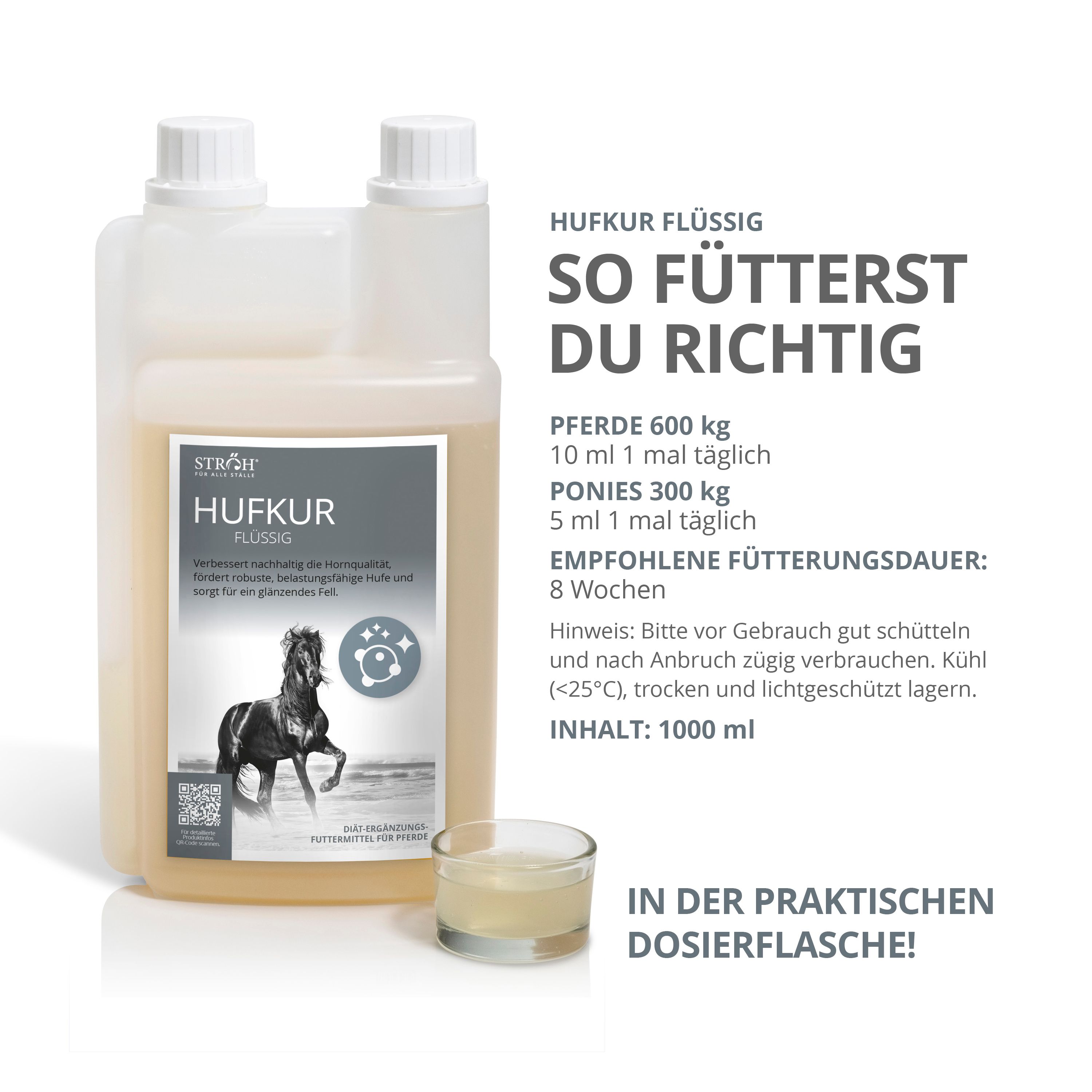 Produktflasche mit Etikett und Pferdeabbildung. Kleines Glas mit Flüssigkeit. Textinformationen. Hintergrund in Weißtönen.
