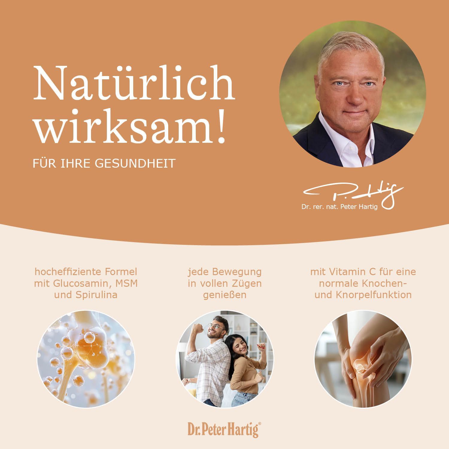 Tabelle mit Verzehrempfehlung: 3 x 2-4 Presslinge. Nährstoffe pro Tagesempfehlung: Glucosamin, MSM, Chondroitin, Vitamin C, Folsäure.