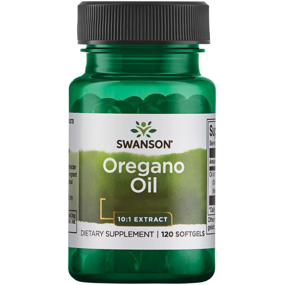 Grüne Flasche mit Kapseln. Aufschrift: Oregano Oil 10:1 Extrakt, Dietary Supplement, 120 Softgels. Marke: SWANSON.