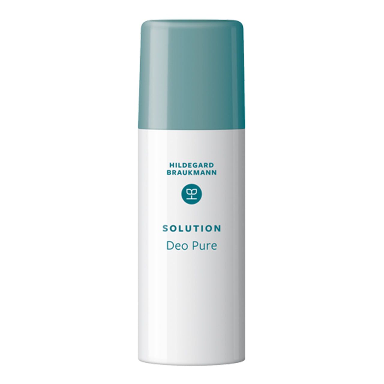 Hildegard Braukmann SOLUTION Deo Pure. Weiße Flasche mit blauem Deckel. Text: SOLUTION, Deo Pure. Roll-on-Applikator.