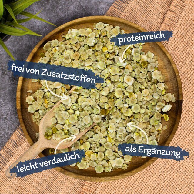 Erbsenflocken in Holzschale. Beschriftungen: proteinreich, ohne Zusatzstoffe, leicht verdaulich, als Ergänzung. Holzschaufel.