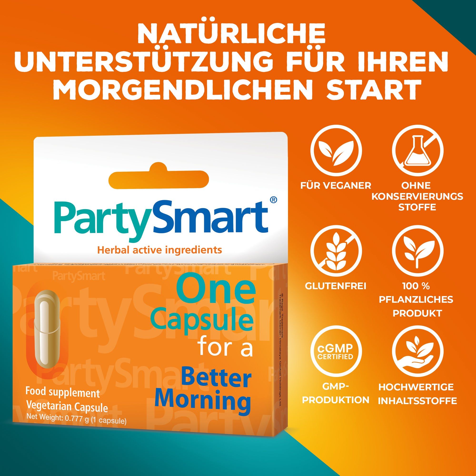 Party Smart Kapselverpackung mit Aufschrift 'One Capsule for a Better Morning'. Enthält vegetarische Kapseln.