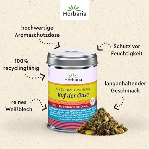 Herbaria Gewürzdose "Ruf der Oase" für Couscous und Salate, 110g. Bio-Feinschmecker Orient.