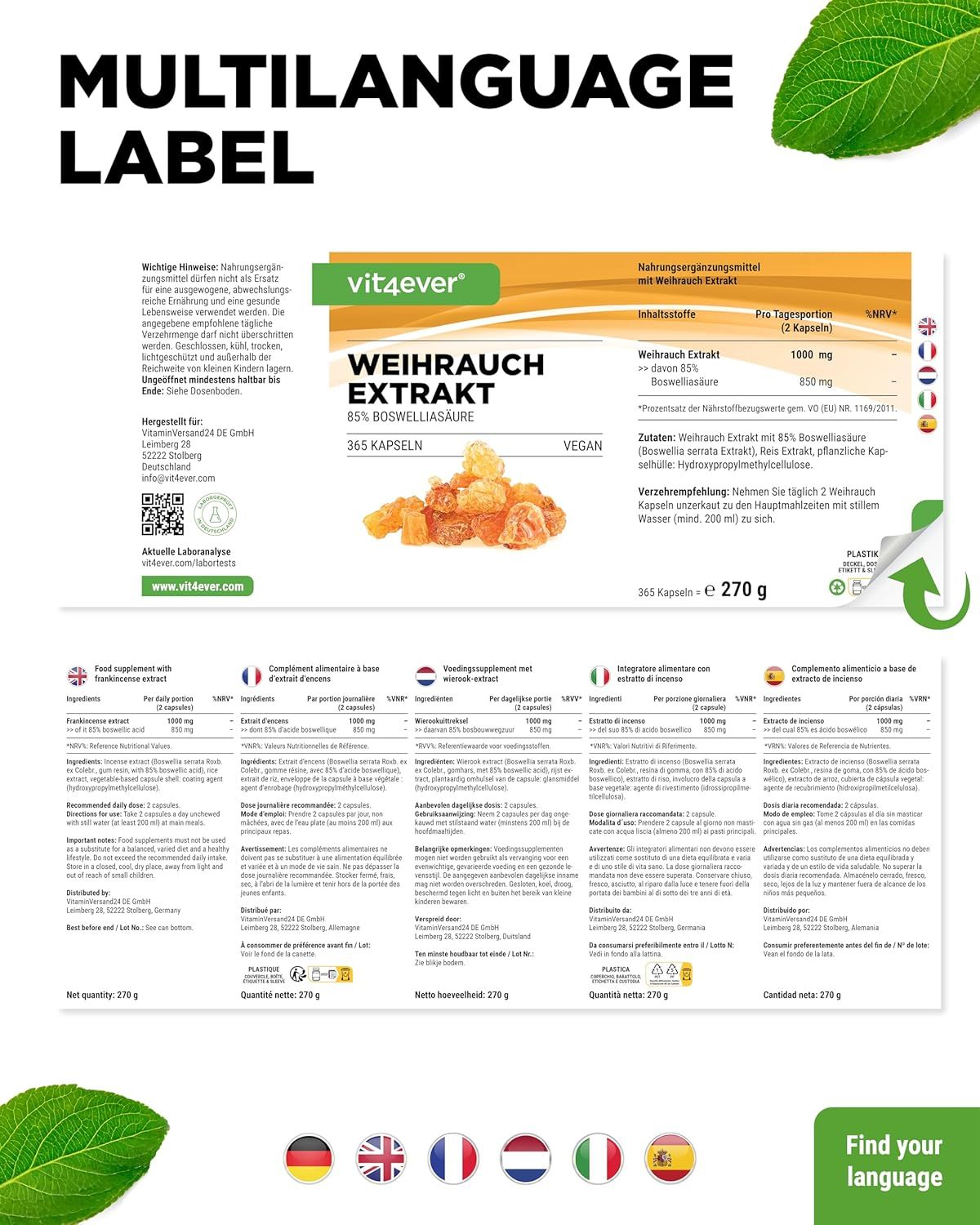Weihrauch Extrakt Flasche mit mehrsprachigem Etikett. Aufschrift: vit4ever, Weihrauch Extrakt, 85% Boswelliasäure, 365 Kapseln. Vegan.