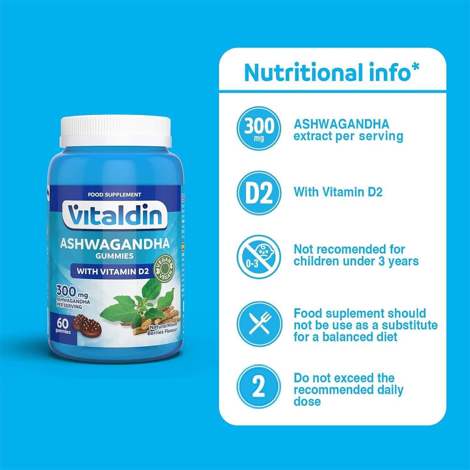 Vitaldin Ashwagandha Gummis mit Vitamin D2. 60 Stück.