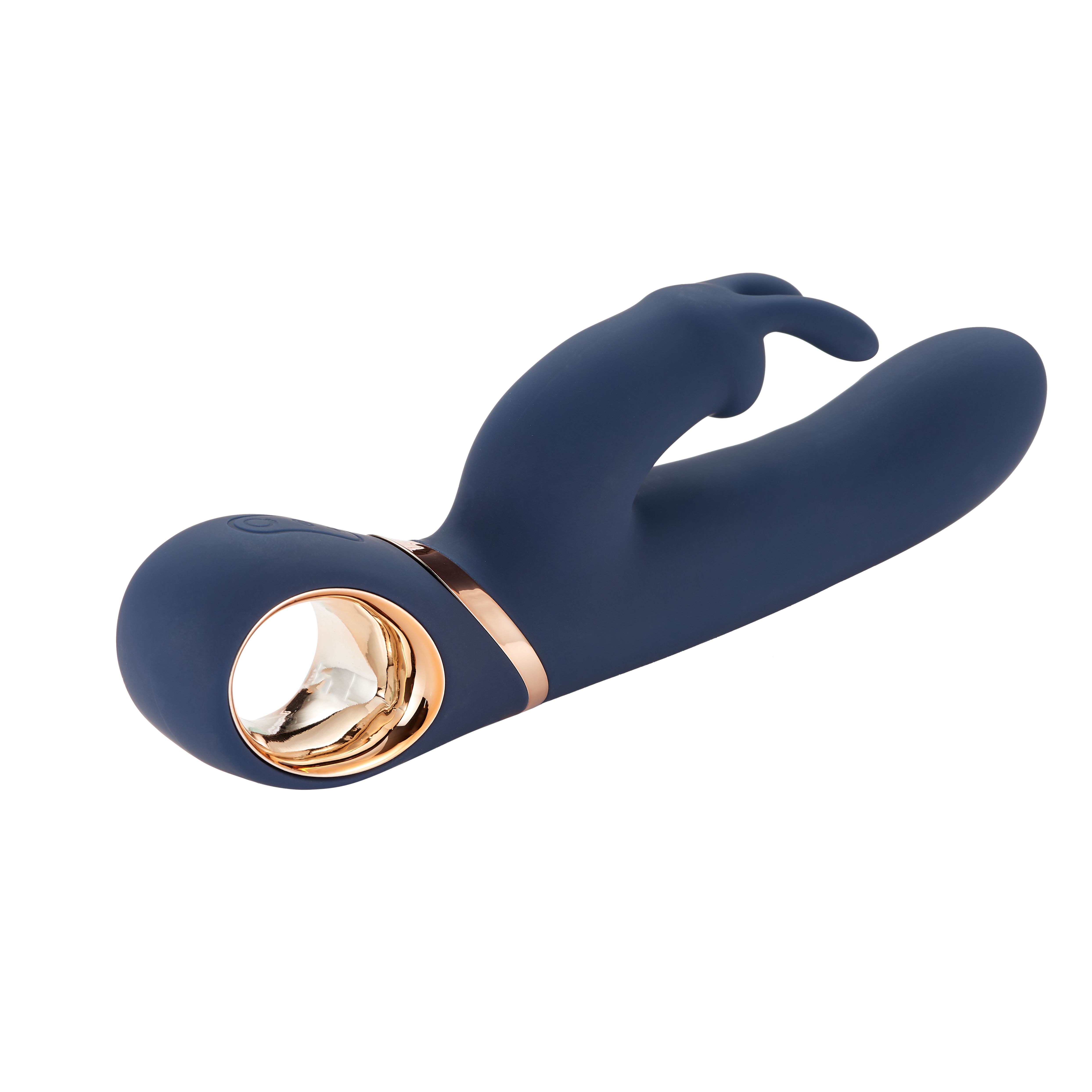 Dunkelblauer Vibrator mit Hasenohren-Aufsatz und goldfarbenen Akzenten. Ringförmige Öffnung am unteren Ende.