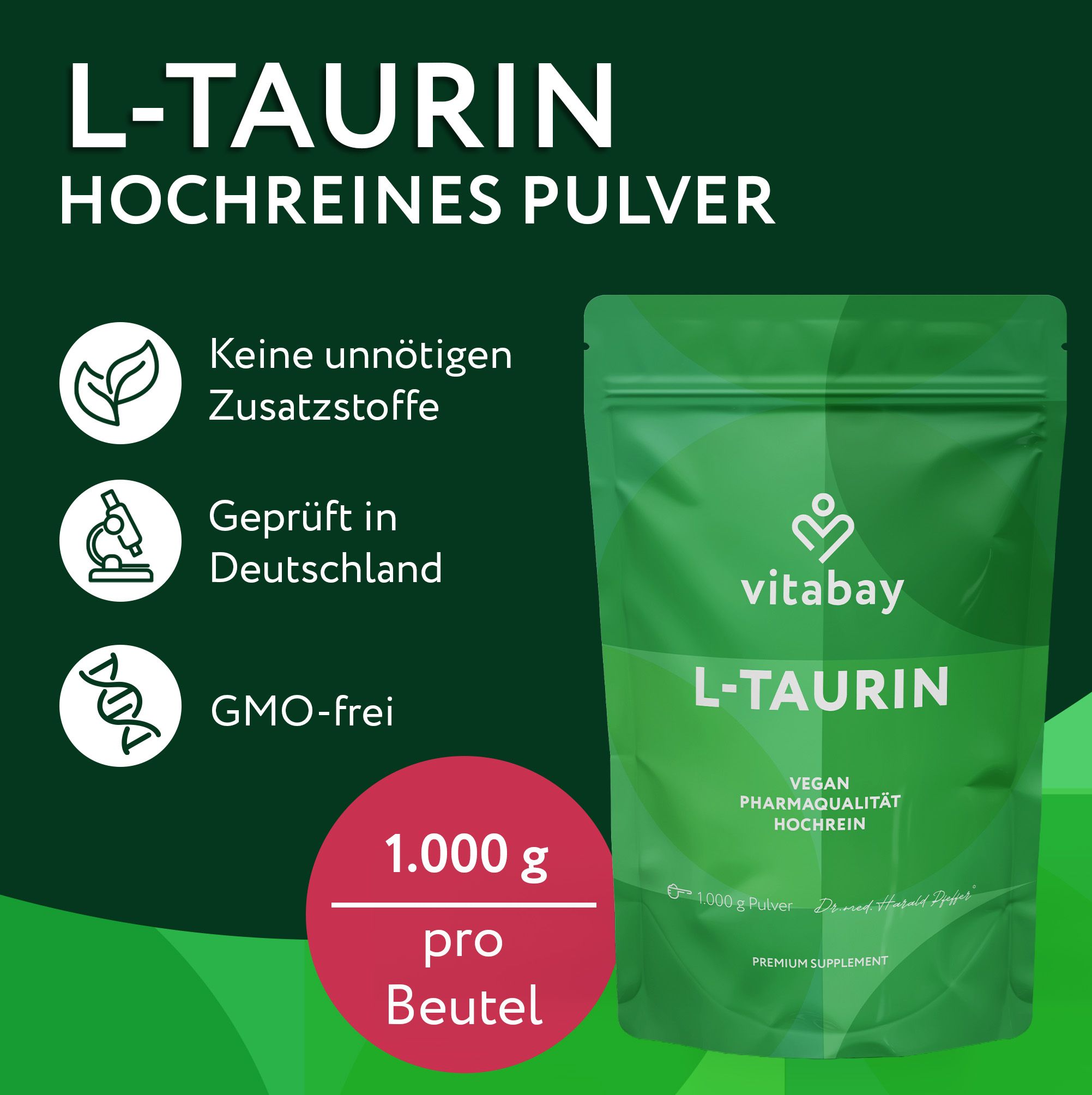 Vitabay L-Taurin Pulver, 100% L-Taurin, vegan, hochrein, ohne Zusatzstoffe.