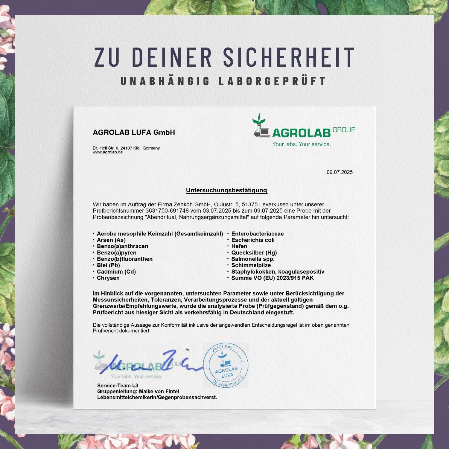 Zertifikat von AGROLAB LUFA GmbH. Text: Zu Deiner Sicherheit, Unabhängig Laborgeprüft. Unterschriftszeile.