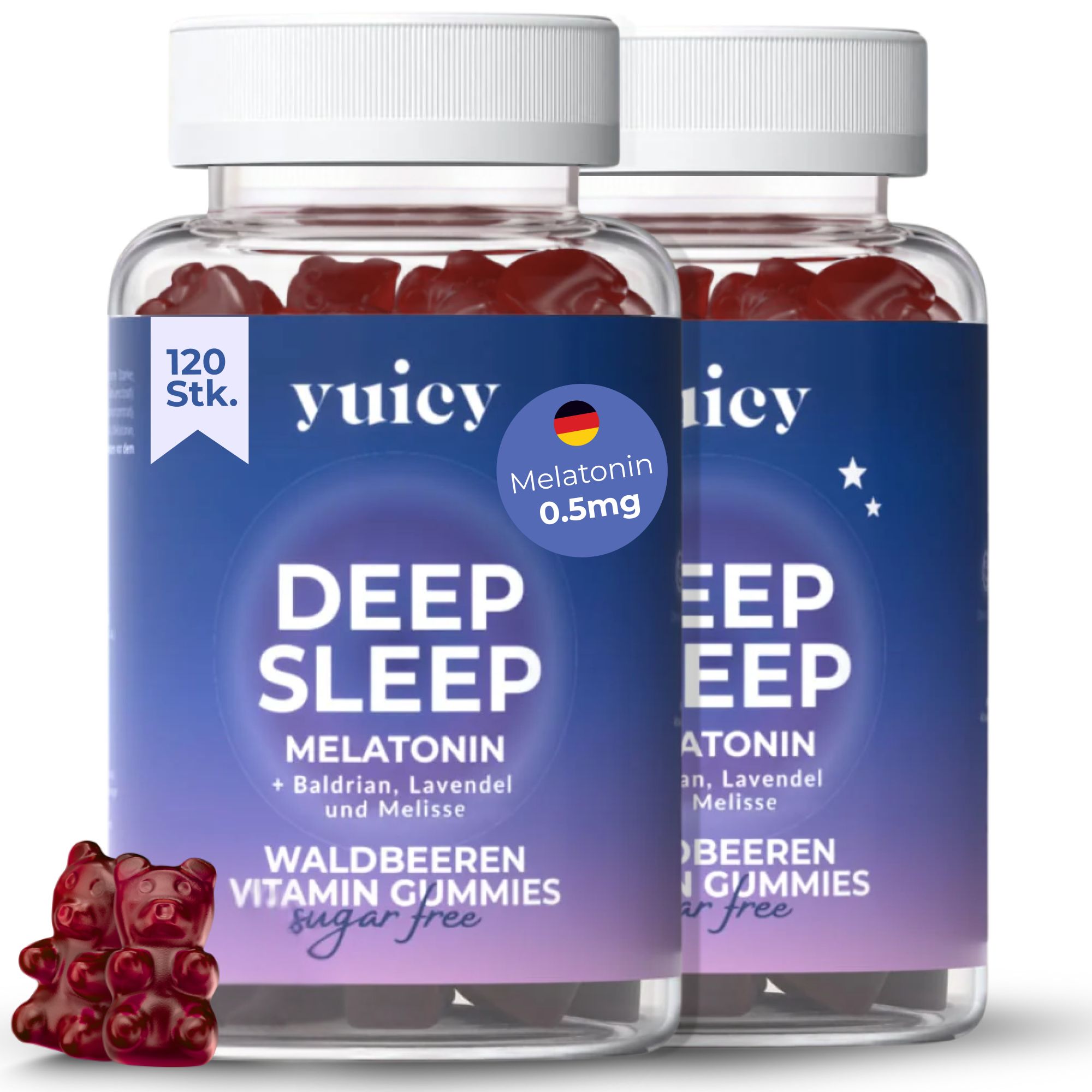 Zwei Flaschen yuicy® Deep Sleep Gummies. Jede Flasche enthält 120 Stück. Aufschrift: Melatonin 0,5mg. Waldbeeren Vitamin Gummies.
