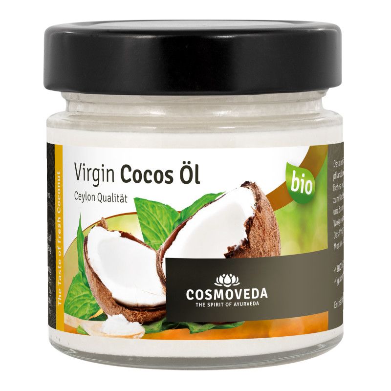 Glasbehälter mit schwarzem Deckel. Aufschrift: Virgin Cocos Öl, Ceylon Qualität, bio. Logo: COSMOVEDA. Abbildung von Kokosnuss und Blättern.