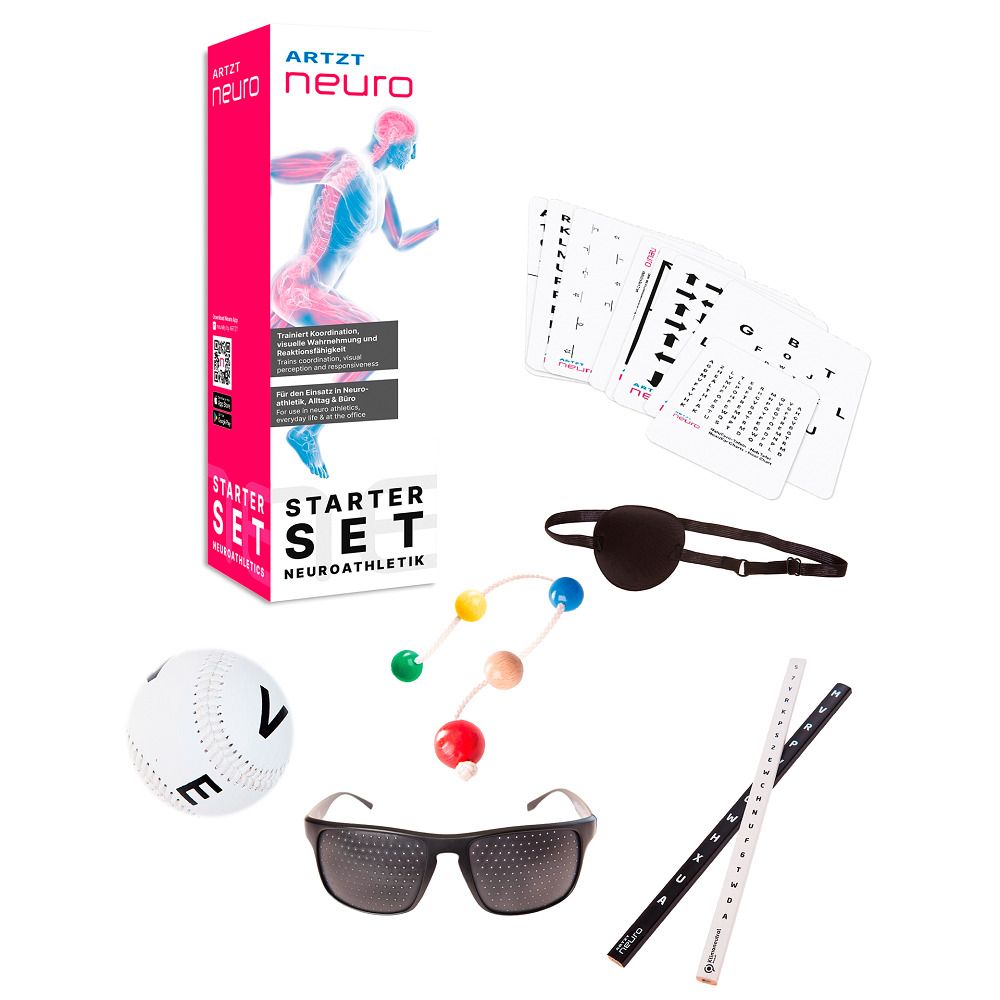 ARTZT neuro® Starter-Set mit Zubehör: Brille, Augenklappe, Ball, Stäbe, Karten und Kette mit Kugeln. Weißer Hintergrund.