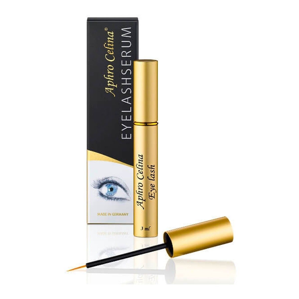 Goldene Serumflasche und Verpackung mit Schriftzug "Aphro Celina Eyelash Serum". Schwarze Bürste.