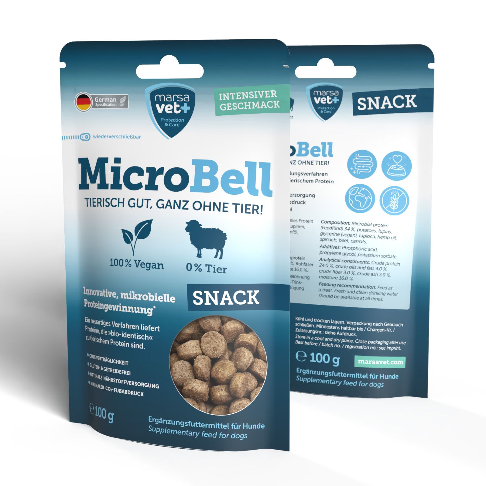 Marsavet MicroBell Snack-Beutel. Aufdrucke: 100% Vegan, 0% Tier. Mit mikrobiellem Protein. 100g. Ergänzungsfuttermittel für Hunde.
