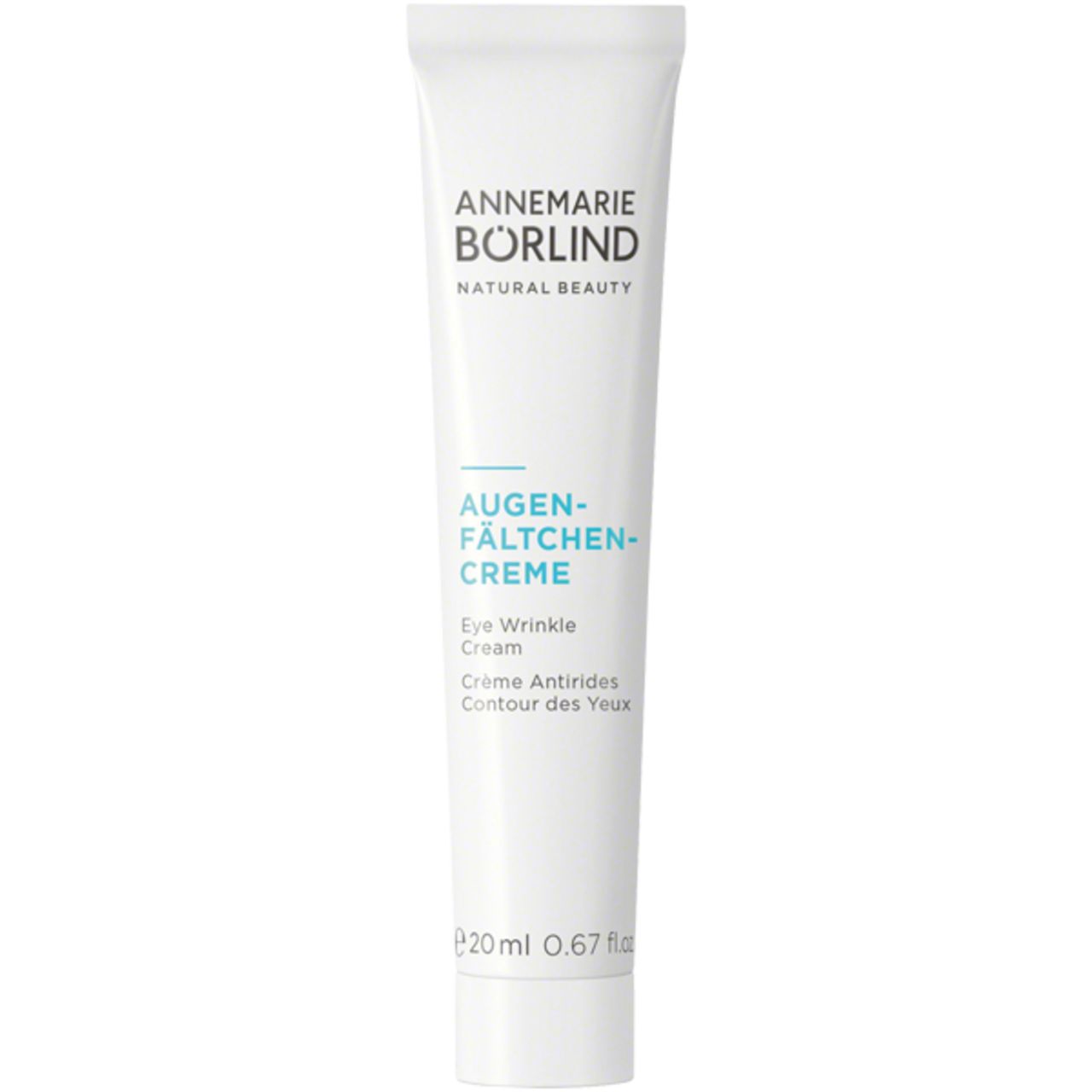 Creme-Tube. Marke: ANNEMARIE BÖRLIND. Produkt: AUGEN-FÄLTCHEN-CREME. Weiße Tube mit blauer Schrift. 20 ml.