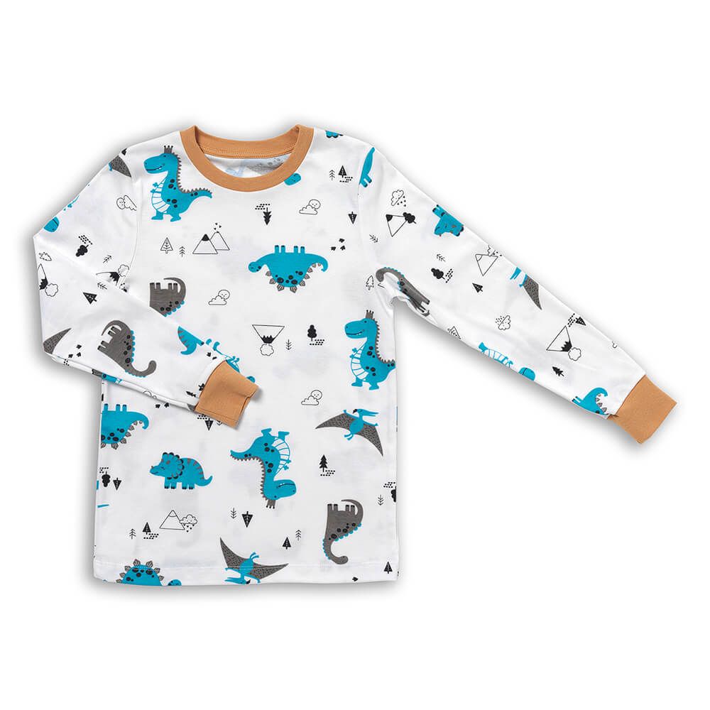 Weißes Langarm-Oberteil mit Dino-Muster, Größe 122. Braune Bündchen. Dino-Muster in Blau und Grau.