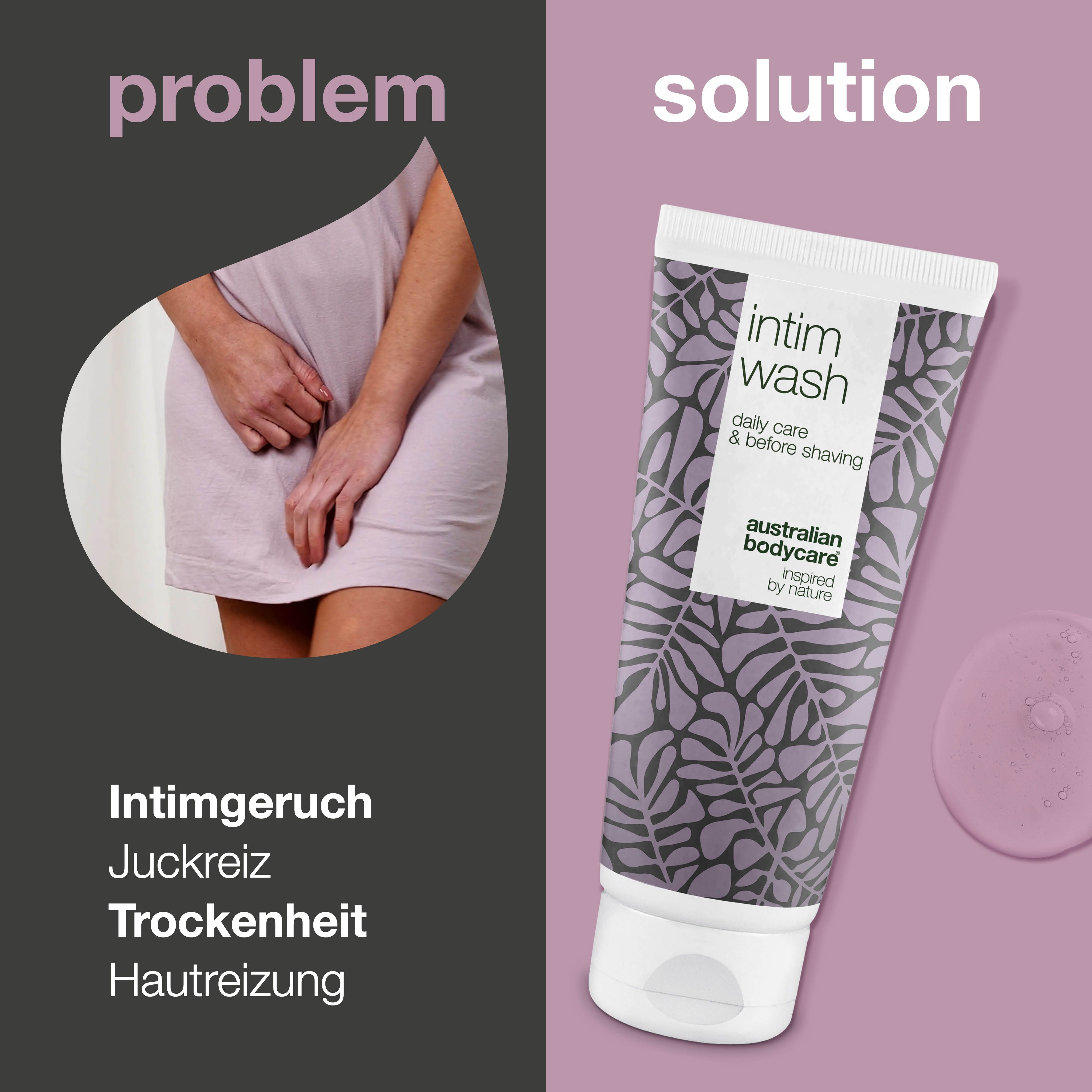 Grafik: Problem/Lösung. Frau, Tube Intimwaschlotion. Text: Intimgeruch, Juckreiz, Trockenheit, Hautreizung.