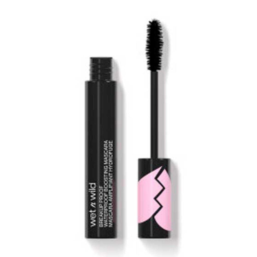 Schwarze Mascara-Tube und Bürste. Rosa Akzent am unteren Ende. Text: Wet n Wild, Breakup Proof, Waterproof, Boosting Mascara.