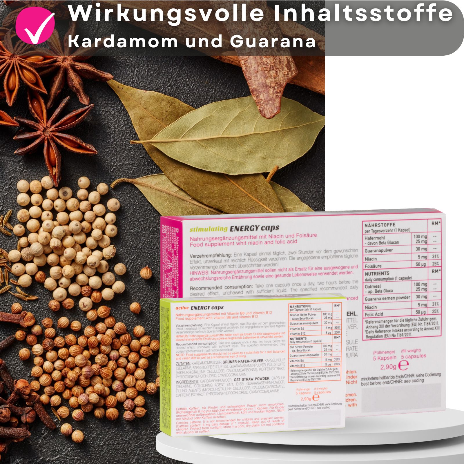 Gewürze und Verpackung mit Nährwertangaben. Text.