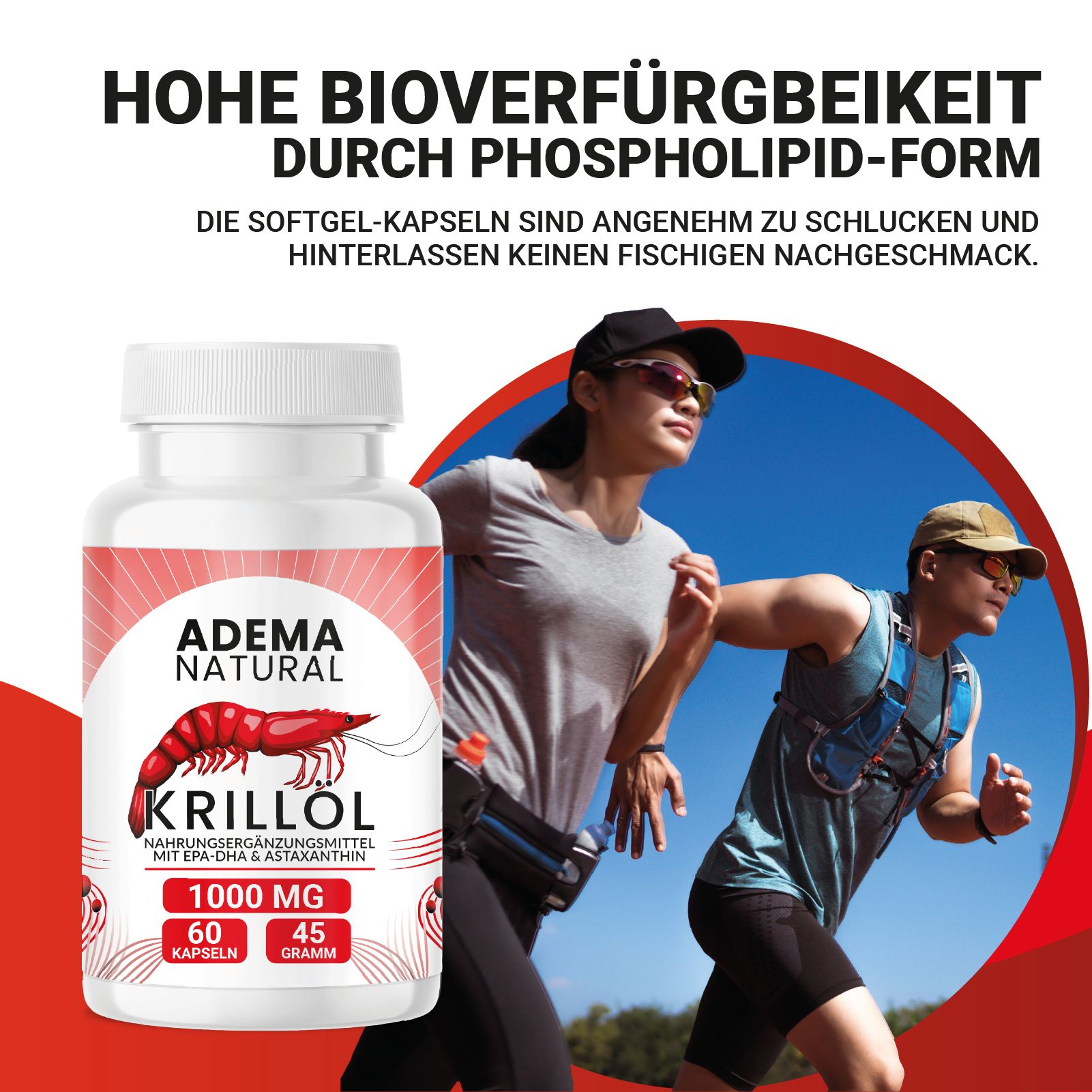 Produktflasche mit rotem Etikett. Text: ADEMA NATURAL, Krillöl, 1000 mg, 60 Kapseln, 45 Gramm. Zwei Personen joggen.
