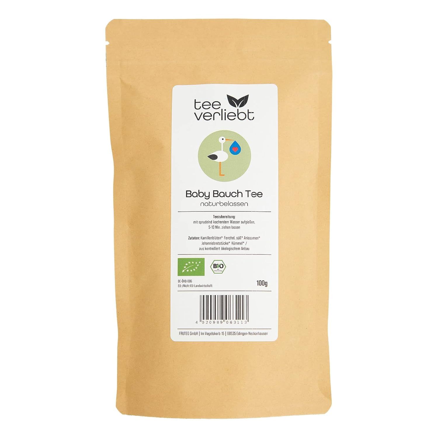 Beutel mit Aufdruck. Label mit Logo, Produktname und Bio-Siegel. Braune Papierverpackung.