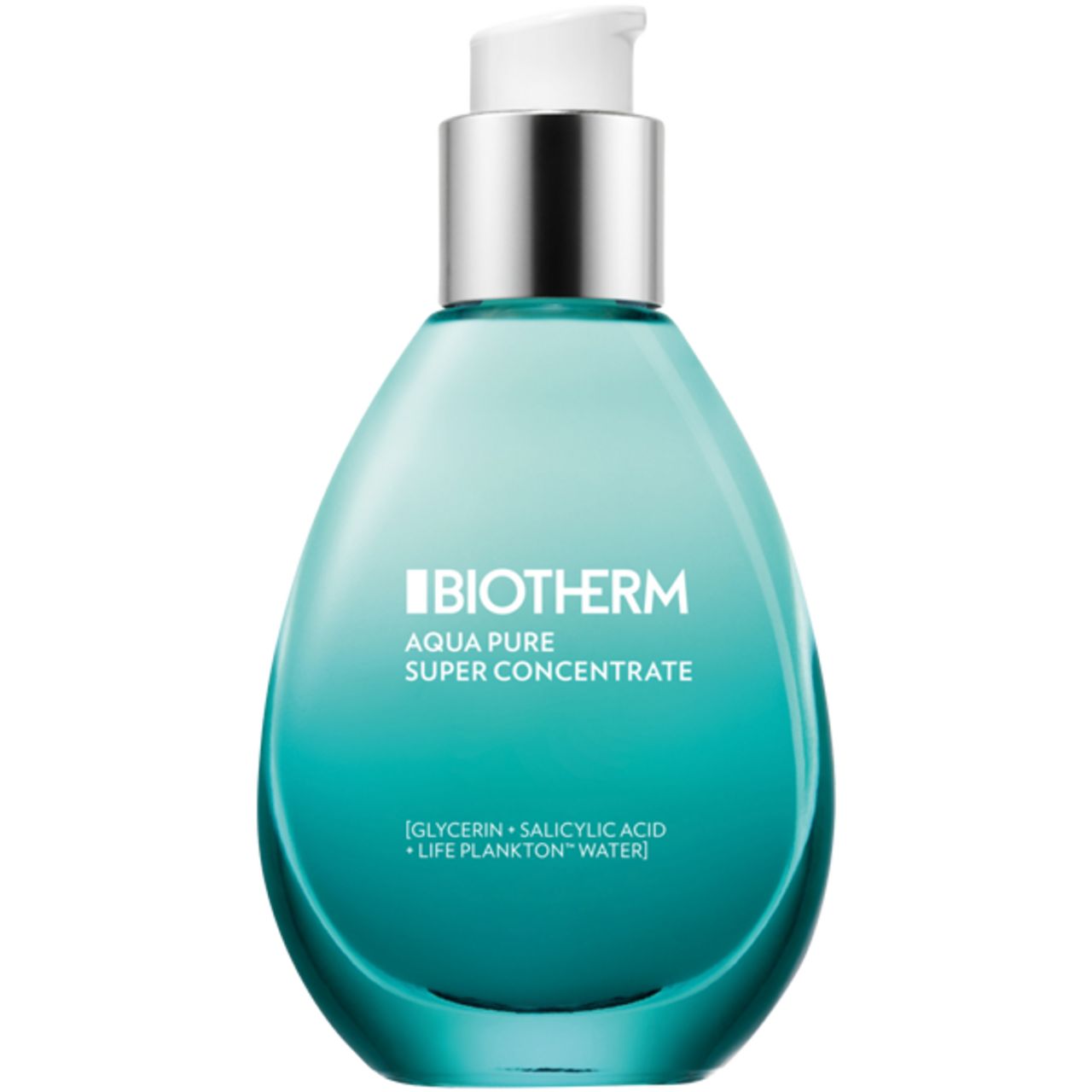 Blau-grüne Flasche mit Pumpe. BIOTHERM Aqua Pure Super Concentrate. Enthält Glycerin, Salicylsäure und Life Plankton Water.