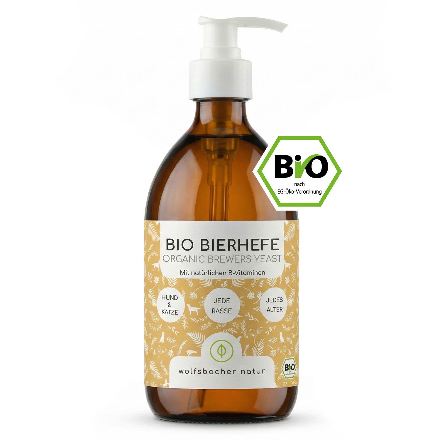 Braune Flasche mit Pumpe. Aufschrift: BIO Bierhefe, Organic Brewers Yeast. Mit Bio-Siegel. Für Hunde und Katzen.