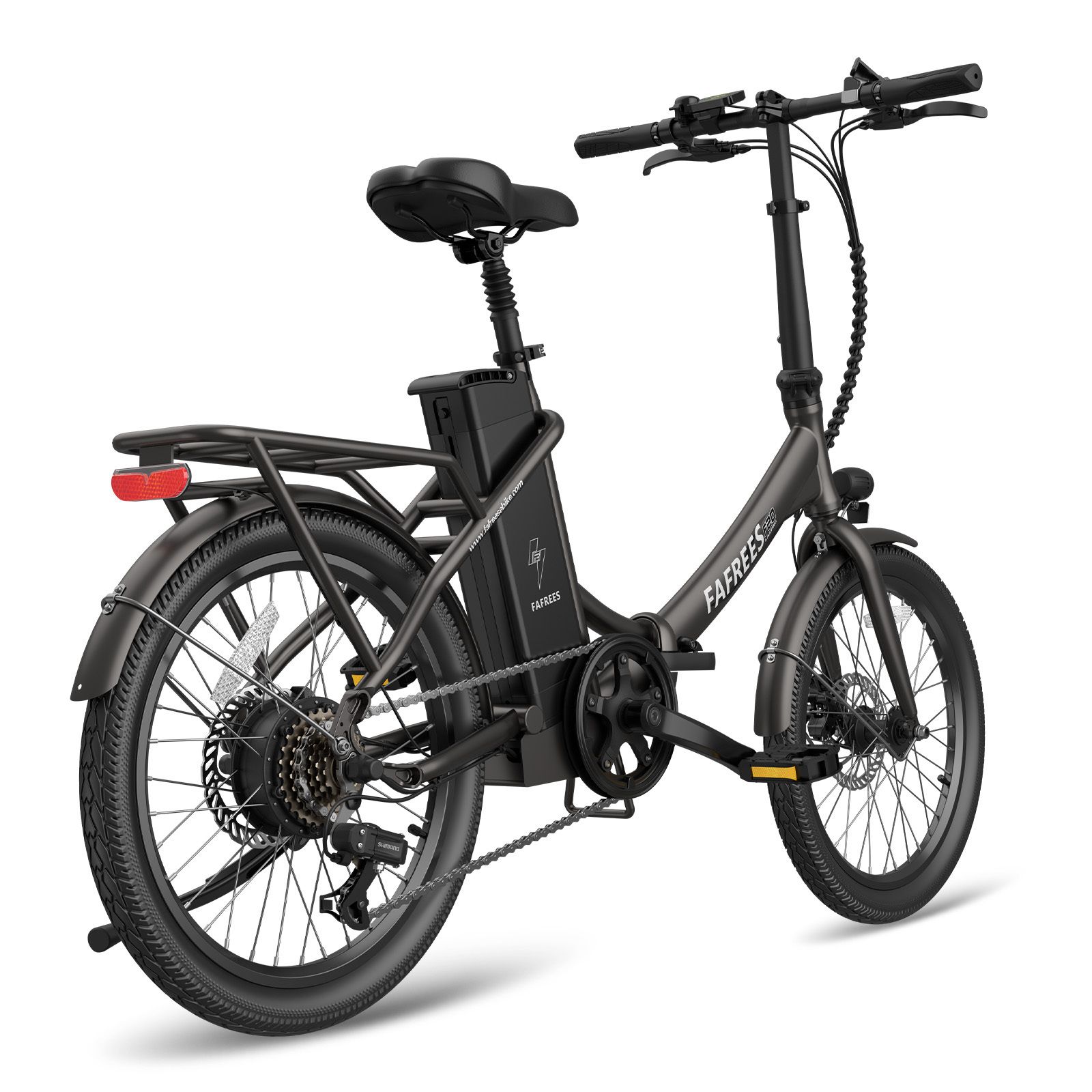 Fafrees F20 E-Bike, anthrazitfarben. Rückansicht. Mit Gepäckträger, Schutzblechen und Akku. Marke und Modellbezeichnung.
