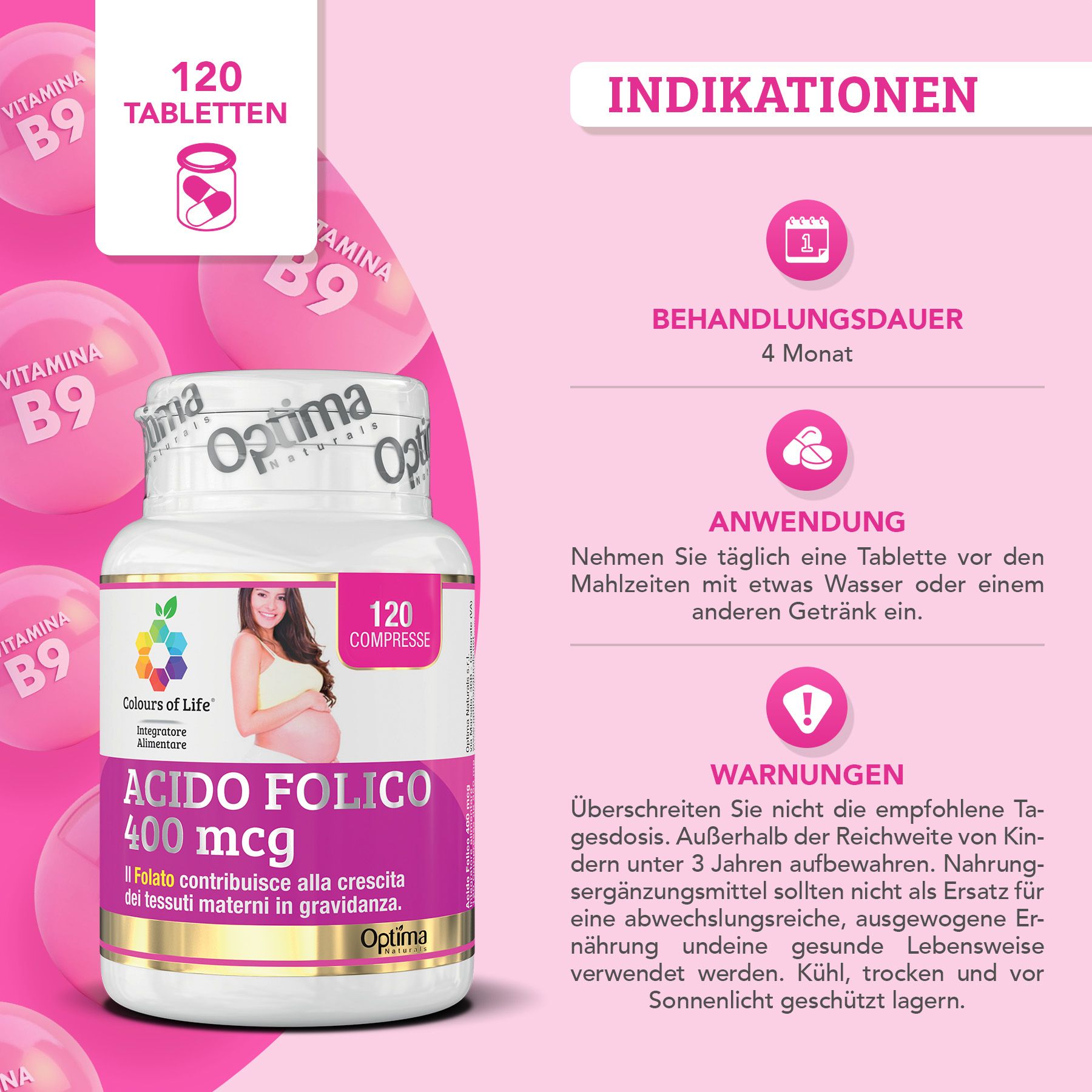 Weißes Tablettenfläschchen mit lila Etikett. Text: Acido Folico 400 mcg, 120 Tabletten. Farben: Grün, Gelb, Pink. Optima-Logo.
