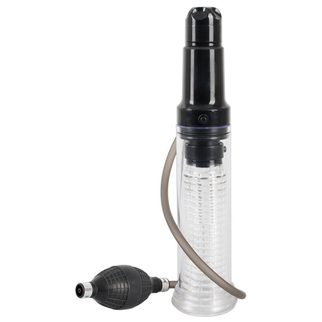 Pumpe mit transparentem Zylinder, schwarzem Kopf und Pumpe. Schlauch verbindet Zylinder und Pumpe.
