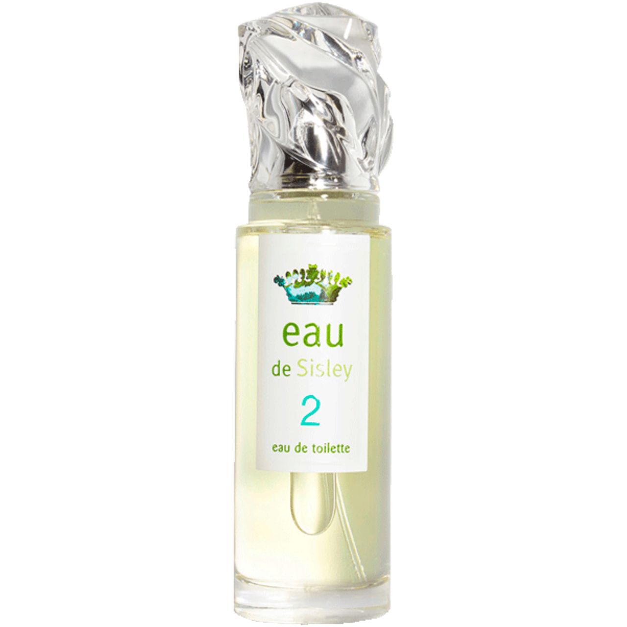 Parfümflakon mit transparentem Verschluss. Aufschrift: Eau de Sisley 2, eau de toilette. Grünes Etikett mit Krone.