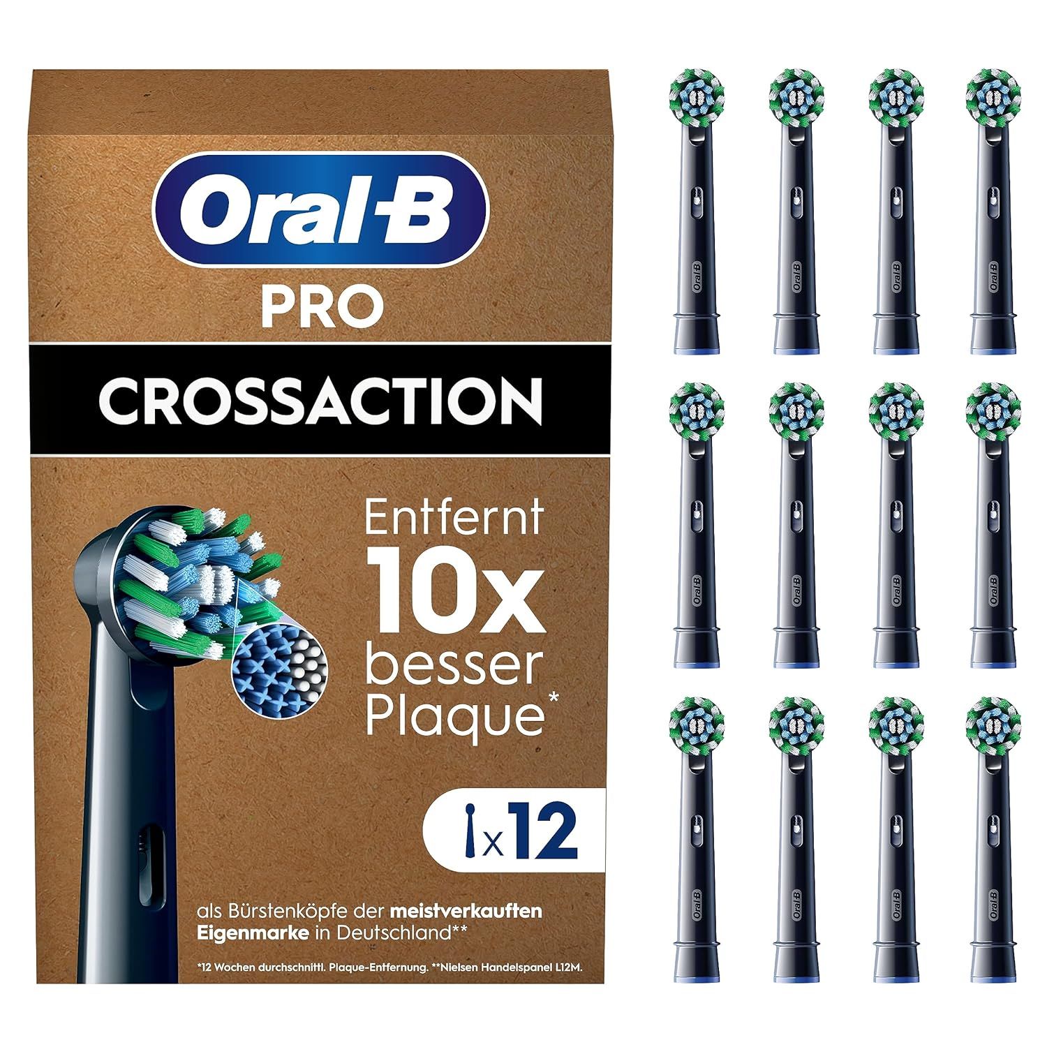 Packung Oral-B Pro CrossAction Aufsteckbürsten. 12 Stück. Schwarze Bürstenköpfe mit grünen und blauen Borsten. Entfernt 10x mehr Plaque.