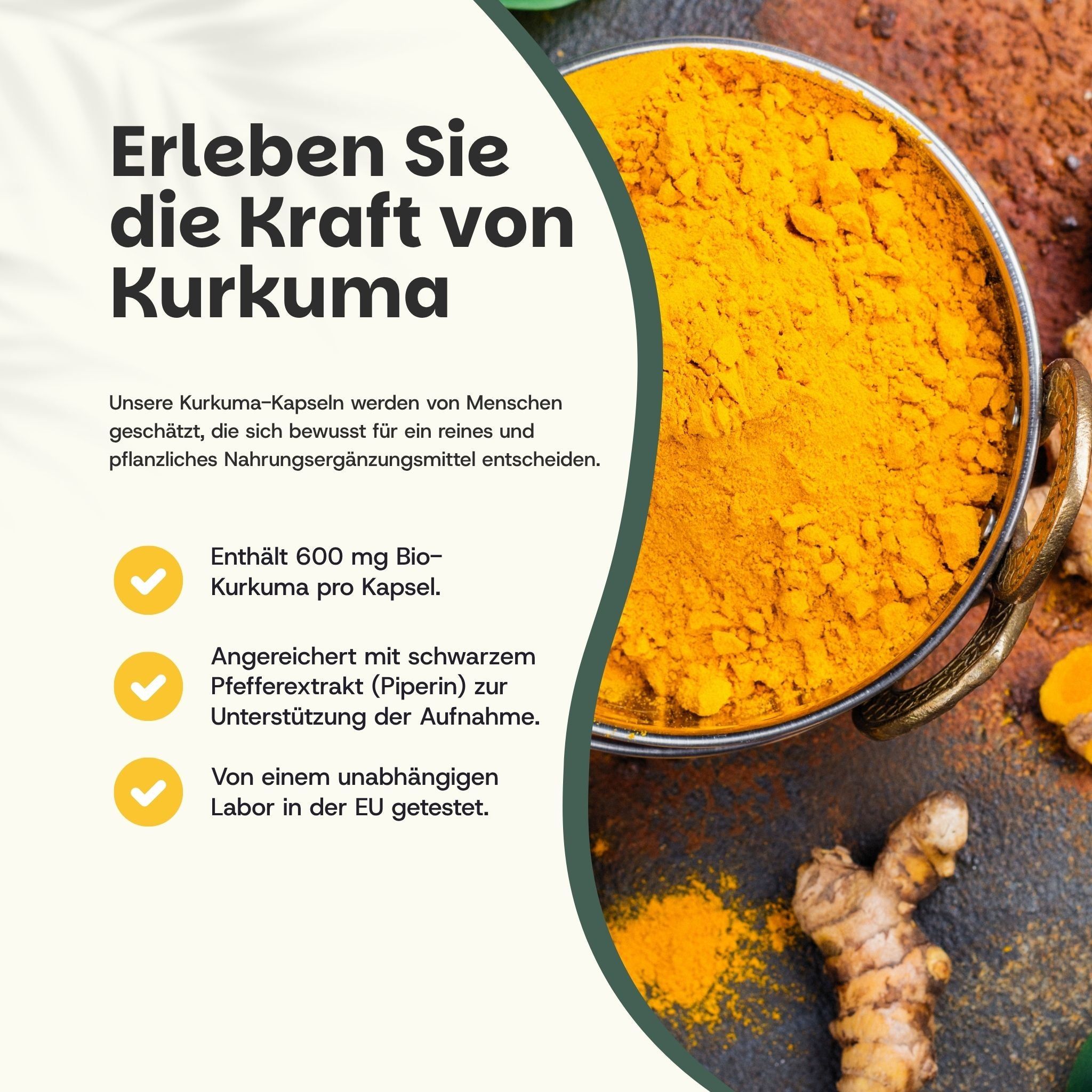 Schüssel mit Kurkumapulver und frischen Kurkumawurzeln.