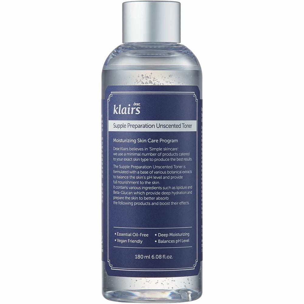 Klairs Supple Preparation Unscented Toner Flasche. Transparente Flasche mit silbernem Deckel. 180 ml.