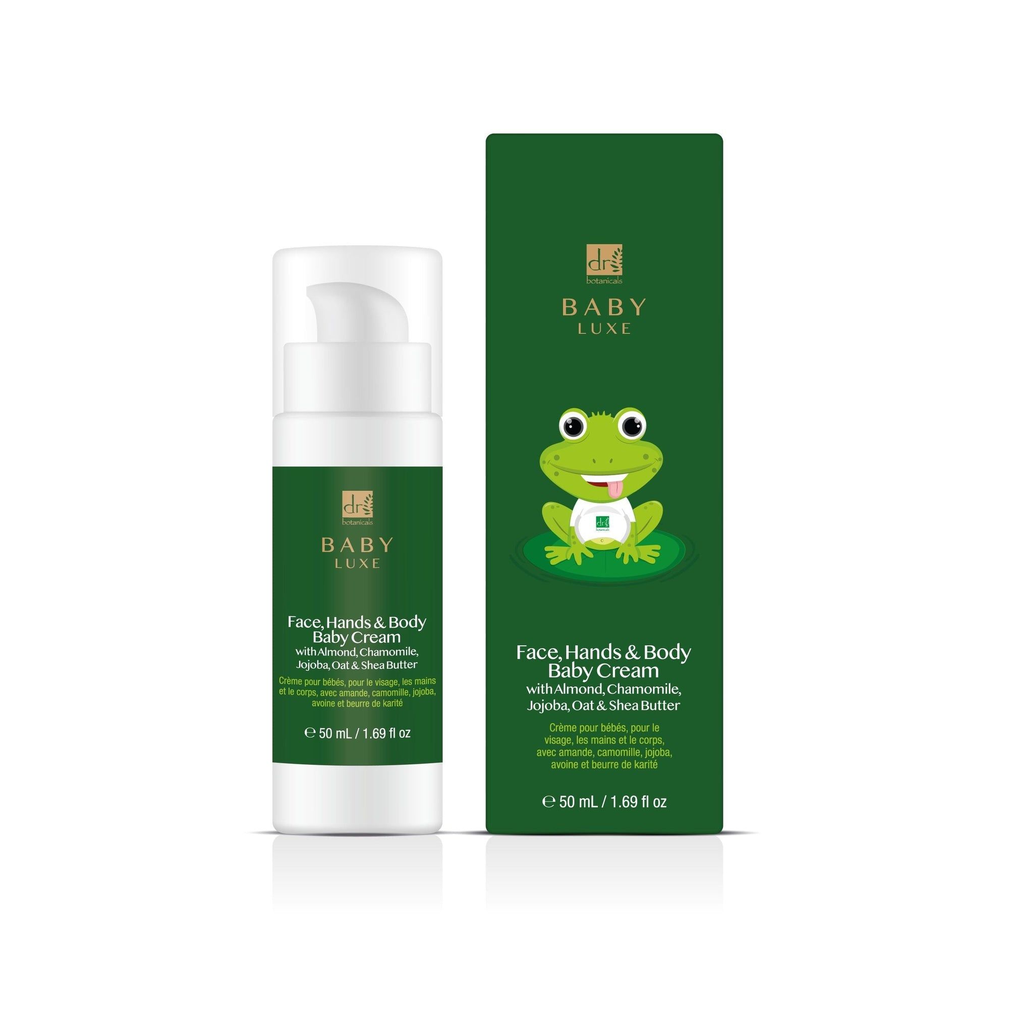 Weiße Flasche Baby Creme mit grüner Verpackung. Frosch-Illustration auf der Verpackung.